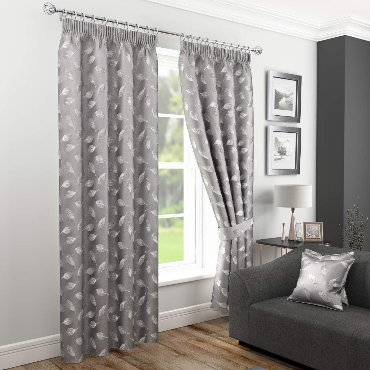 Mirabel Grey Rowan Fully Lined Pencil Pleat Curtains Modern Plain With Woven Leaf Design,Tape Top Heading (Grey/Silver, 66" X 54" (167 Cm X 137 Cm))