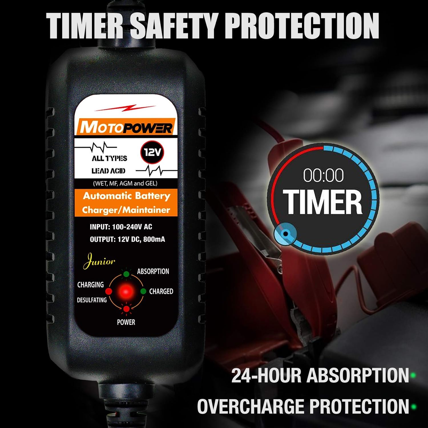 MOTOPOWER MP00205A Battery Charger with timer safety protection