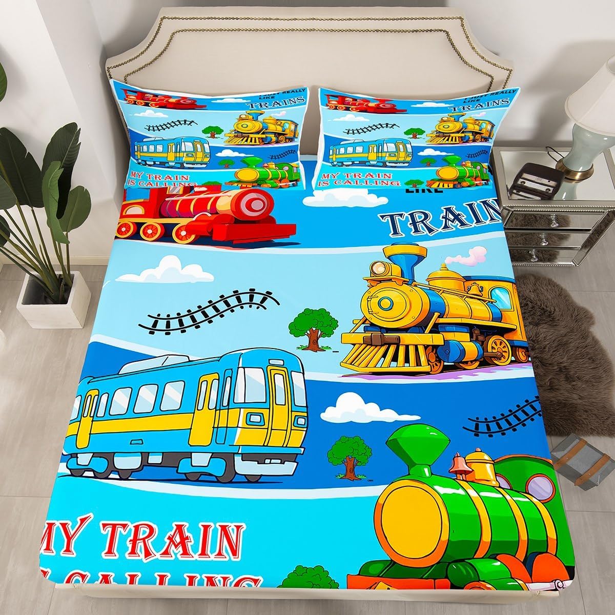 jejeloiu Cartoon Vintage Train Bed Sheets Set Twin Size Kids Steam Engine Railway Transportation Bus Bedding Set for Boys Girls Retro Vehicle Locomotive Train Fitted Sheet Room Decor