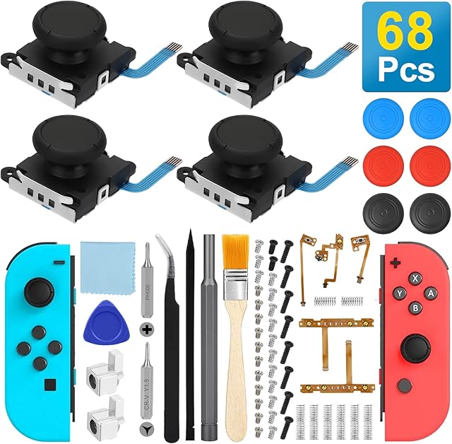 EEEKit 68 Pcs Zestaw naprawczy Joycon kompatybilny z przełącznikiem, wymiana joysticka 3D analogowy kciuk, z częściami zamiennymi Joycon, śrubokręt PH000 Y1.5, L ZL ZR SL SR Przycisk Flex Kabel