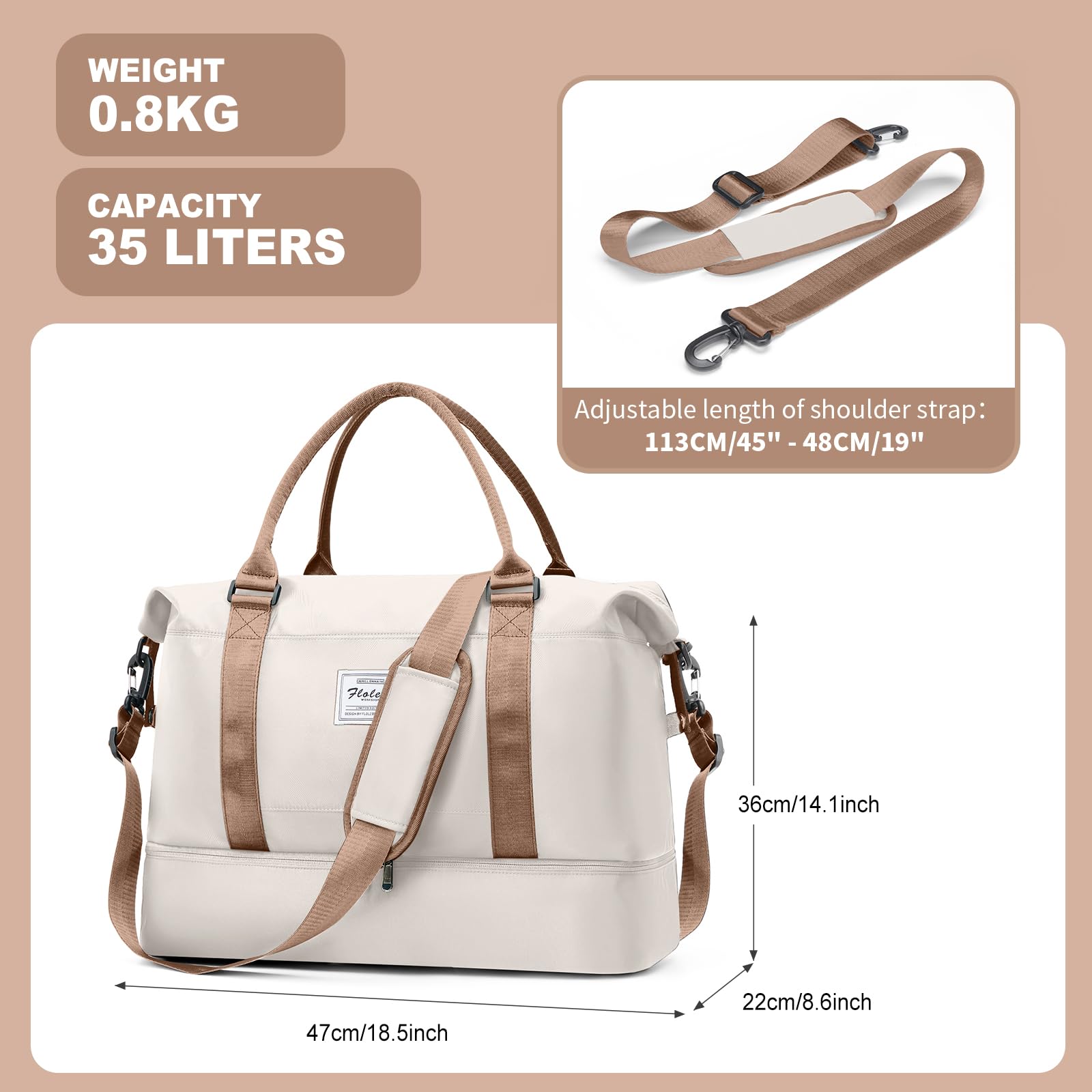 Borsone da Viaggio Donna, Bagaglio a Mano Borsa da Viaggio con Scomparto per le Scarpe, Borsa Sportiva Borsone da Palestra Grande, Borsa da Weekend, Borsa per Ospedale,C11-marrone beige