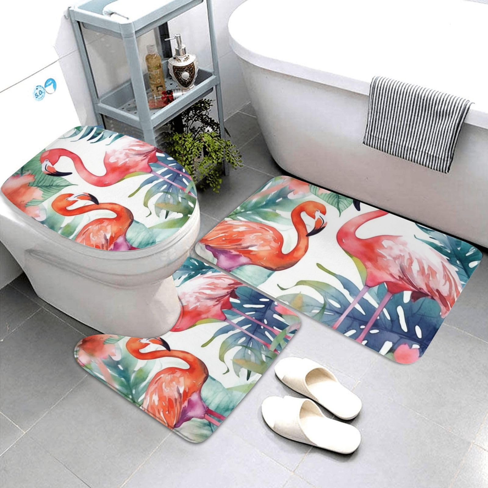 Dwrepo Flamingos Watercolor Tropics Print Bathroom Rug Set 3 Piece with Non-Slip U-Shaped Contour Mat and Toilet Lid Cover for Bathroom Decoration