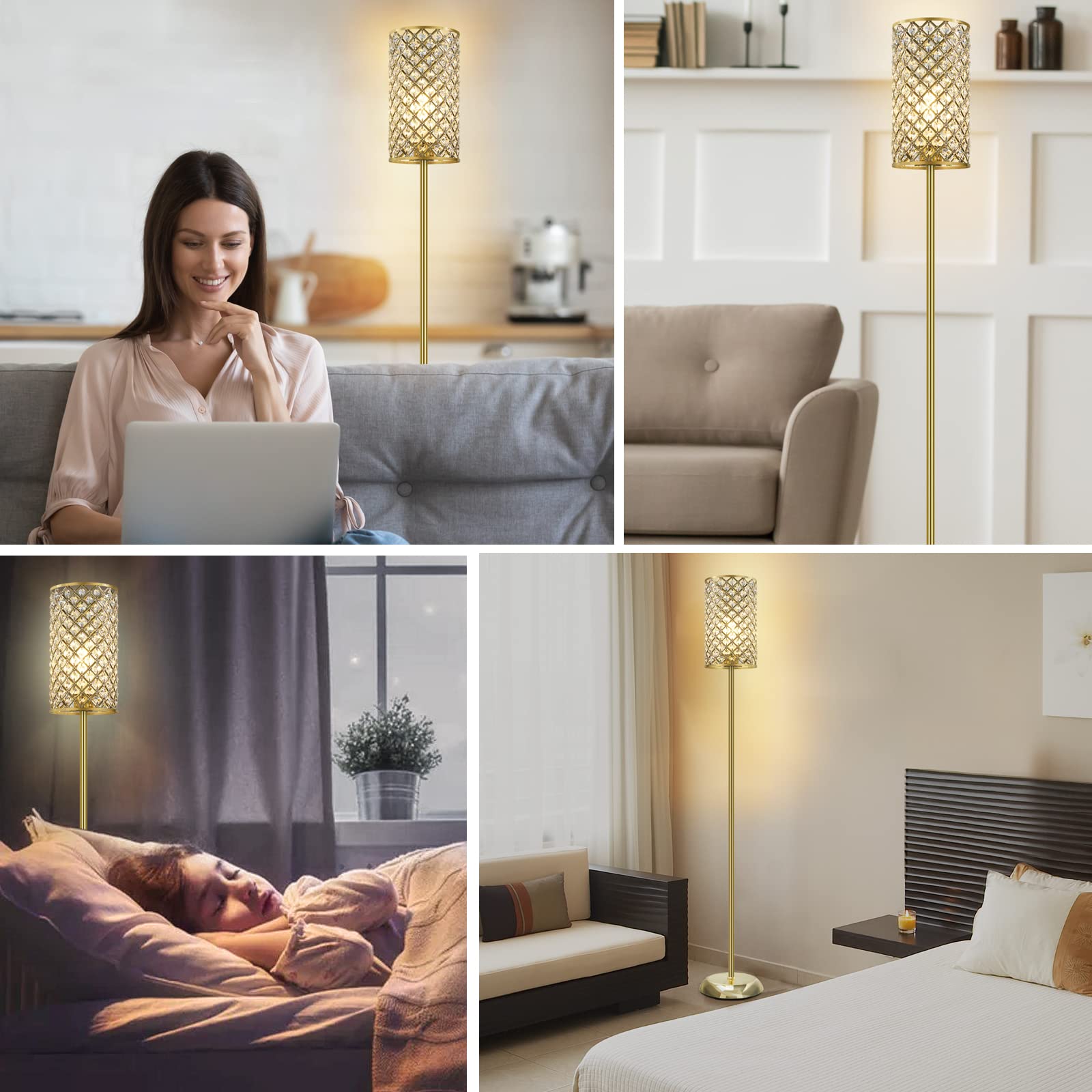 GyroVu Lámpara de pie, elegante lámpara de pie de cristal, moderna lámpara de pie con interruptor de encendido/apagado, iluminación para salón, dormitorio (Dorada)