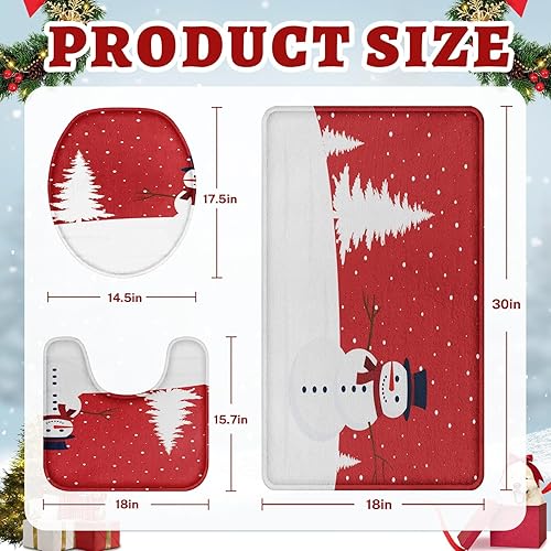 Miniatura 2 de Juego de 3 alfombras de baño de Navidad, muñeco de nieve y pino, juego de 3 alfombrillas de baño para baño, color rojo, cubierta lavable, decoración