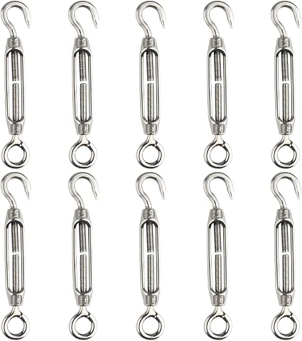 FEPITO Tensor de alambre 304 de gancho y ojo ajustable, juego de tensores de acero inoxidable M4, 10 unidades, resistente