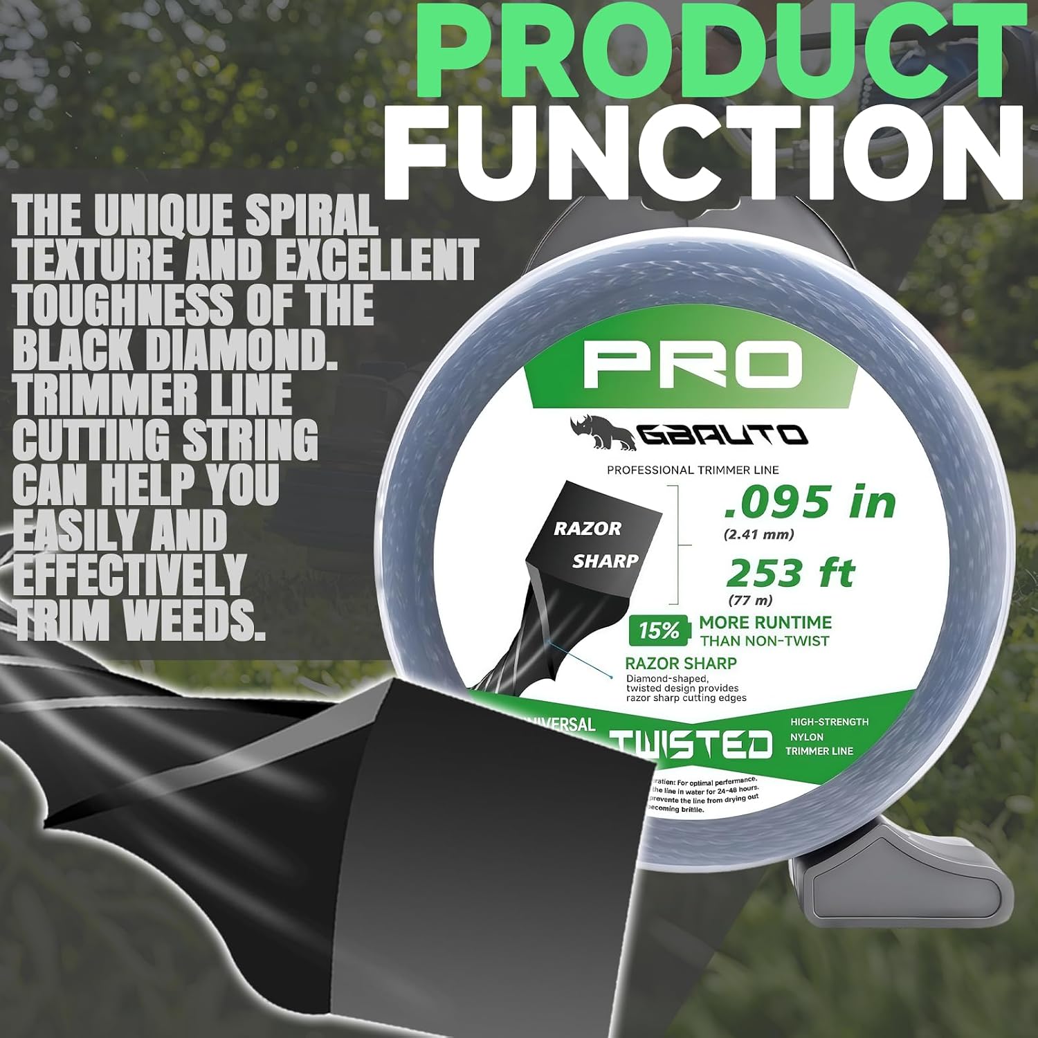String Trimmer Line, 253ft 0.095" for Black Diamond Trimmer Weed Eater String Replacement, Premium Nylon Universal, Professional Twisted Weed Wacker String with Built-in Line Cutter (Upgraded version)