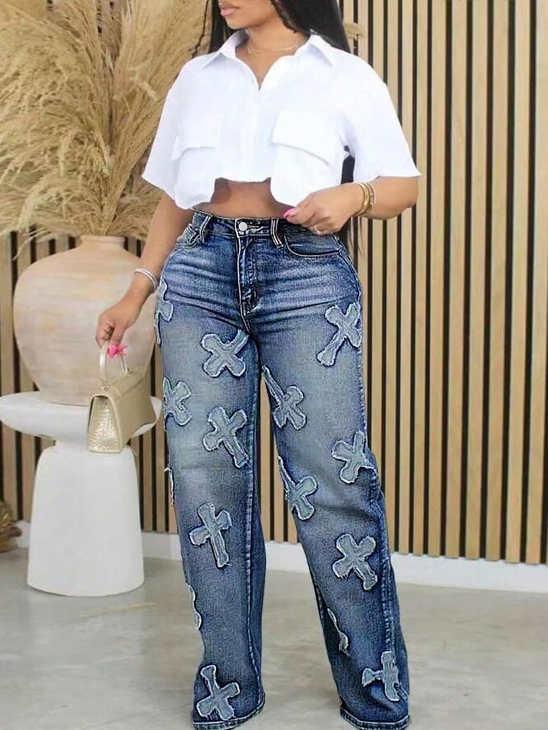 Womens Jeans high Waisted Embroidered Baggy Loose fit Vintage 90s Streetwear Hip hop Fashion Pants with 3D Cross Patches