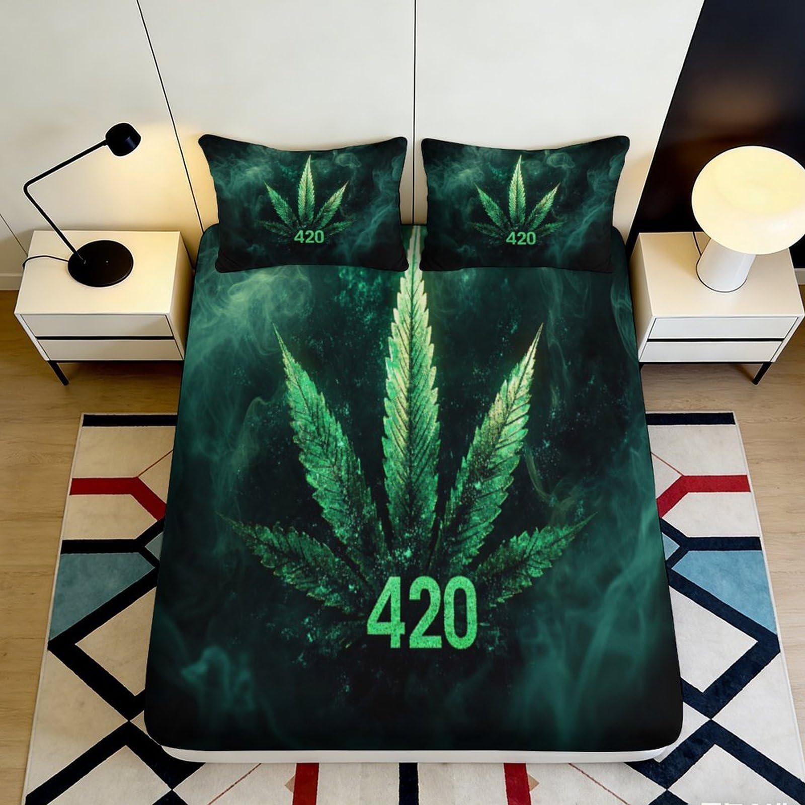 3D Printed Cannabis Leaf Fitted Sheet Microfiber Green Smoke 420 Bed Cover Non-slip Machine Washable for Bedroom Dorm 90x200x25cm