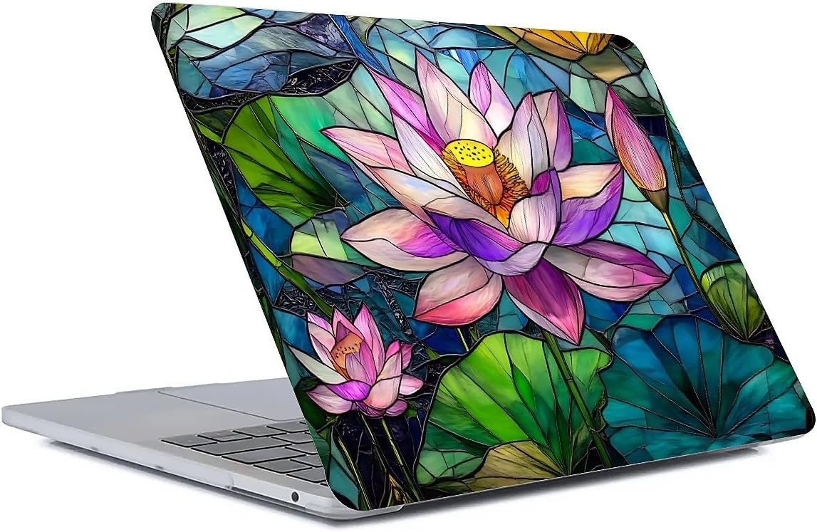 for MacBook Pro 13 Inch Case,Clear 2013-2015 Version A1425/A1502 Plastic Hard Shell Computer Case Colorful Stained Glass Pink Lotus Flower Pattern