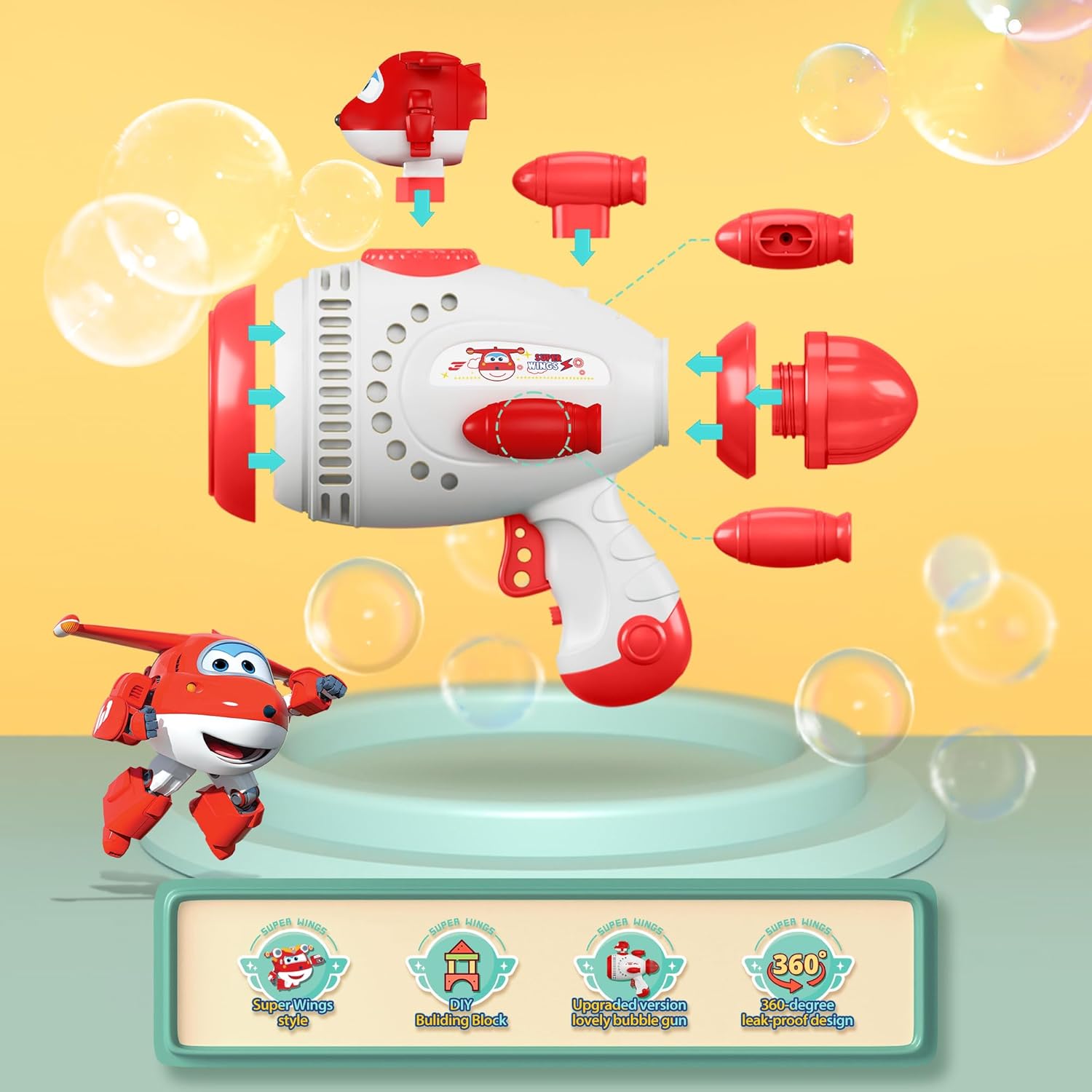 Super Wings Bubble Gun Blaster with Bubble Refill Solution for Kids, Bubble Machine with Jett Figure for Toddlers, Bubble Blaster for Wedding Birthday Party, Bubble Maker for Summer Outdoor Backyard