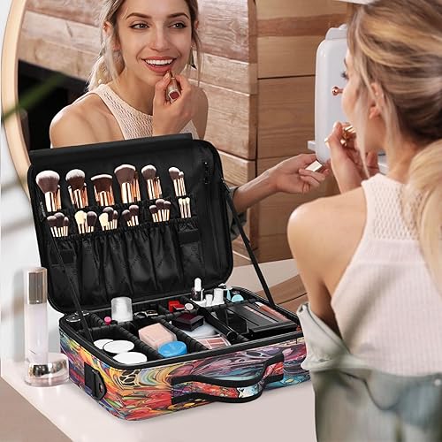 Miniatura 7 de Bolsa de maquillaje de arte colorido para mujer, bolsa de maquillaje de viaje para cosméticos, bolsa de aseo con compartimentos grandes, bolsas de