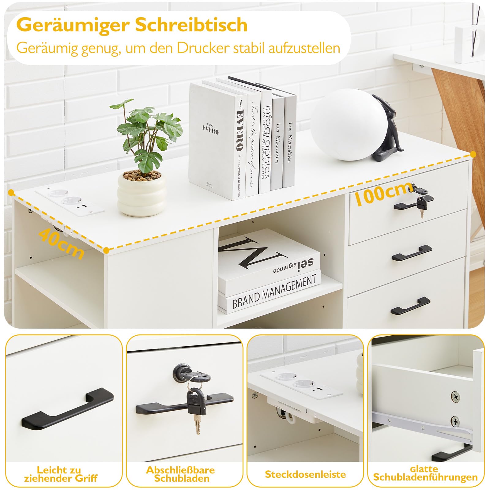 CLIPOP Rollcontainer,abschließbar,mobiler Aktenschrank mit 5 Rollen,3 Schubladen,Schubladenschrank Büroschrank Bürocontainer mit Steckdose,für Büro Zuhause,Weiß
