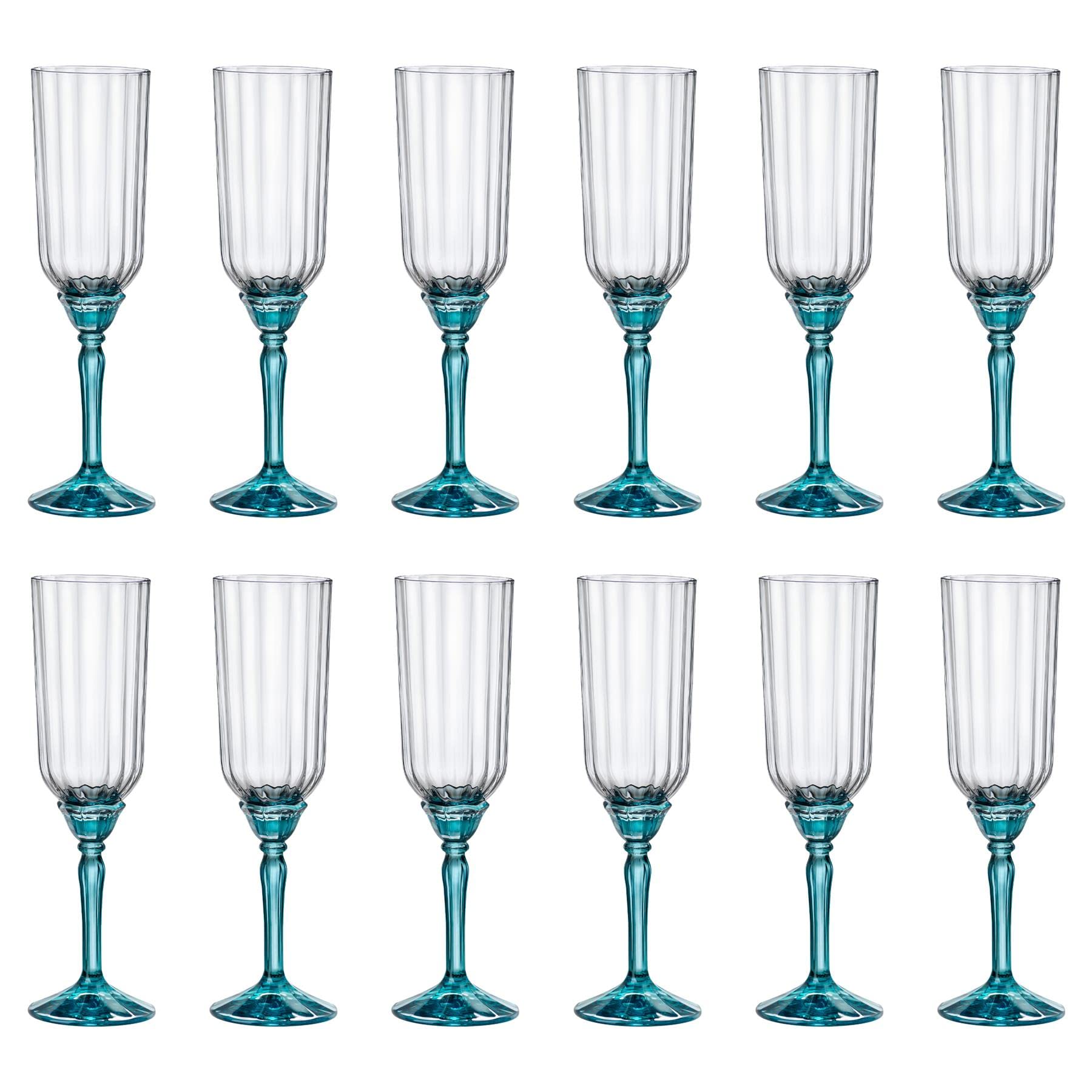 Bormioli Rocco Blue 12X Florian Champagne Flutes - Reusable Prosecco Wine Wedding Party Drinking Glasses Gift Set 210Ml
