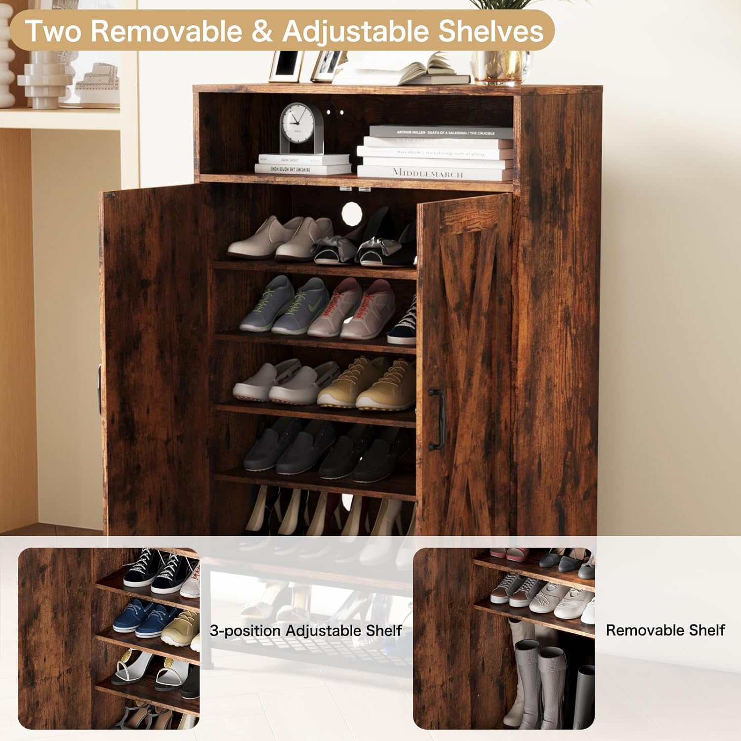 Large 24-Pair Shoe Cabinet with Doors, 7-Tier Wooden Shoe Rack with Removable Shelves, Freestanding Entryway Storage Organizer, Hallway Closet Solution, Rustic Brown