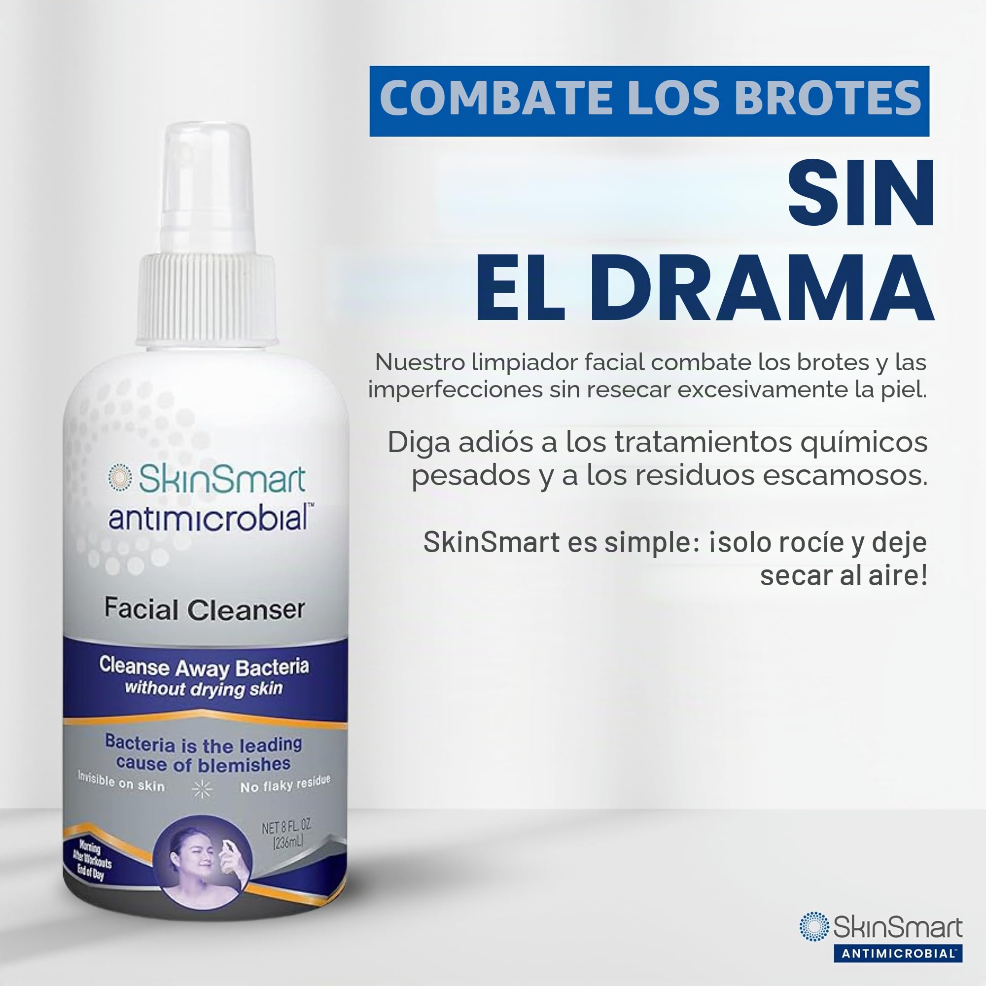 SkinSmart Limpiador facial para acné, objetivos de bacterias para atletas adolescentes activos después del entrenamiento, botella de spray de 8 oz, seguro para múltiples usos diarios