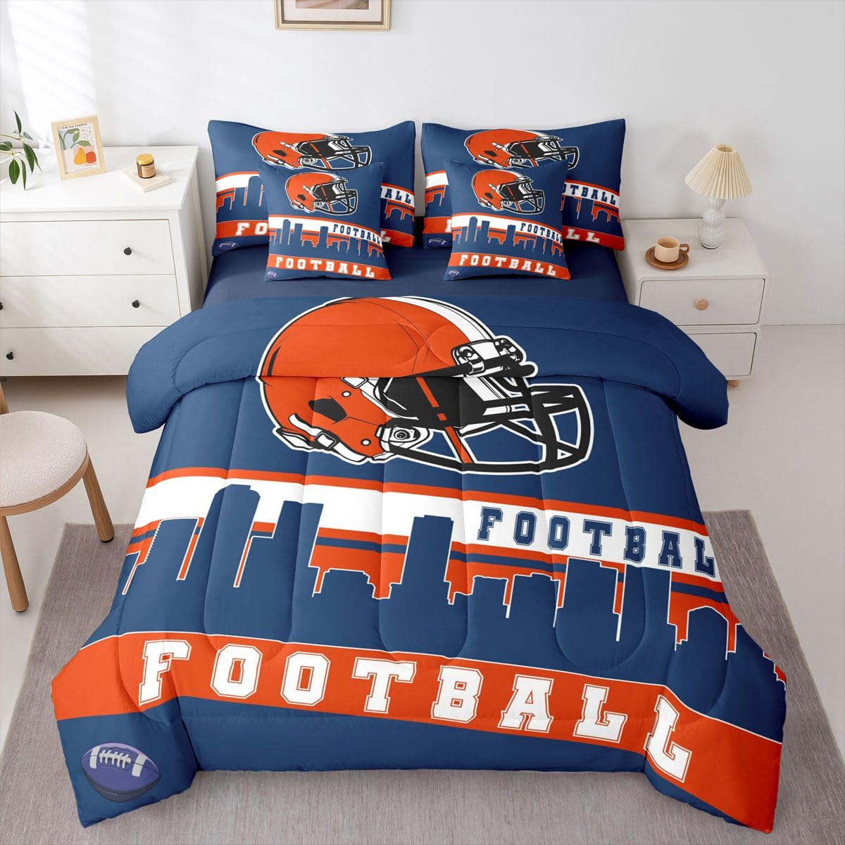 Erosebridal Football City 7 Pcs Comforter Set King Football Bedding for Boys Girls Blue Orange Rugby Game Sheet Set Bed in A Bag Football Fans Bedroom Decor Sports Ball Team Bed Set