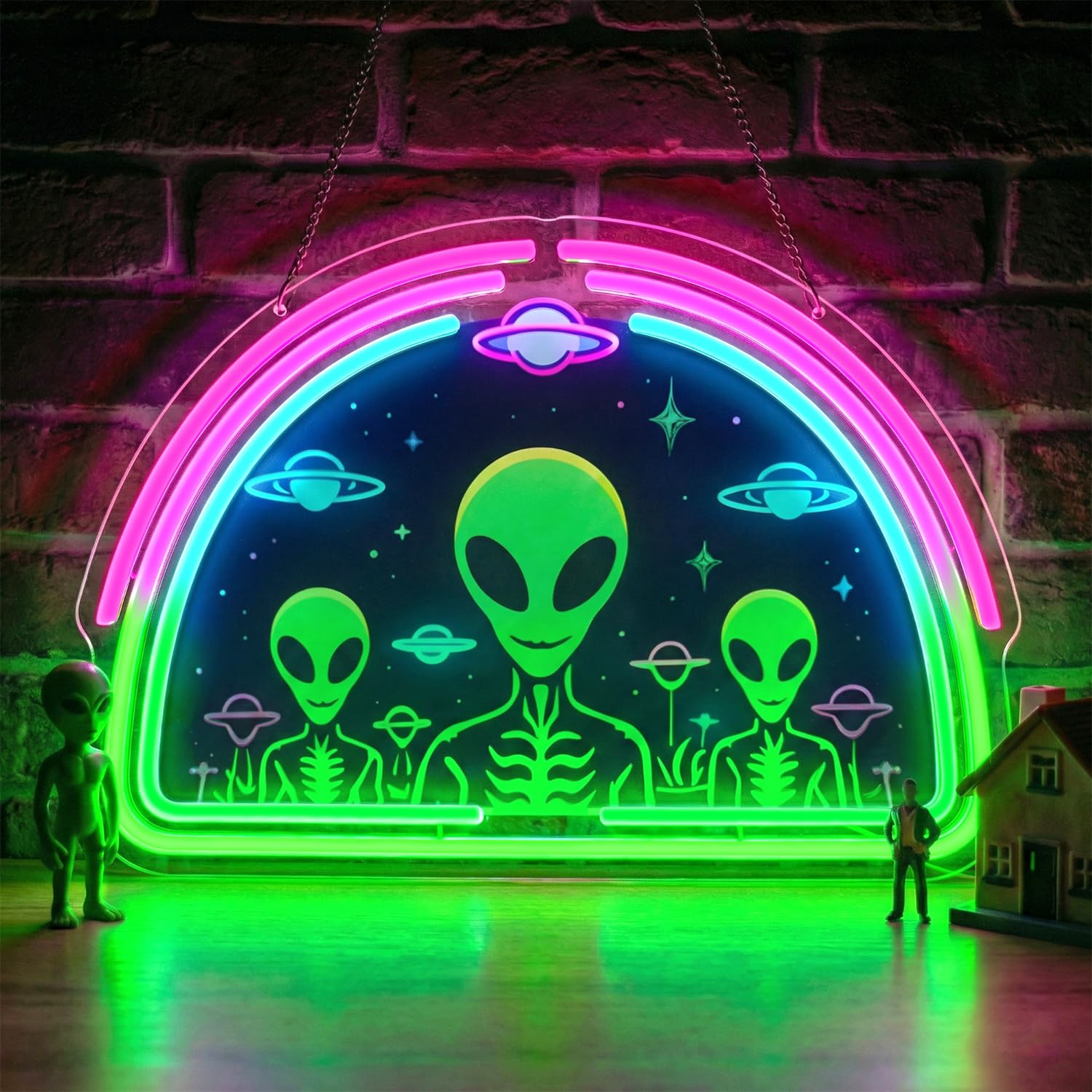 Lxmoneon Alien Neon Schild, UFO und Alien LED Neon Schilder mit UV-Druck, USB Raumschiff Neon Wandschild, Neonlicht für Schlafzimmer, Büro, Wohnzimmer, Party, Spielzimmer-Dekoration