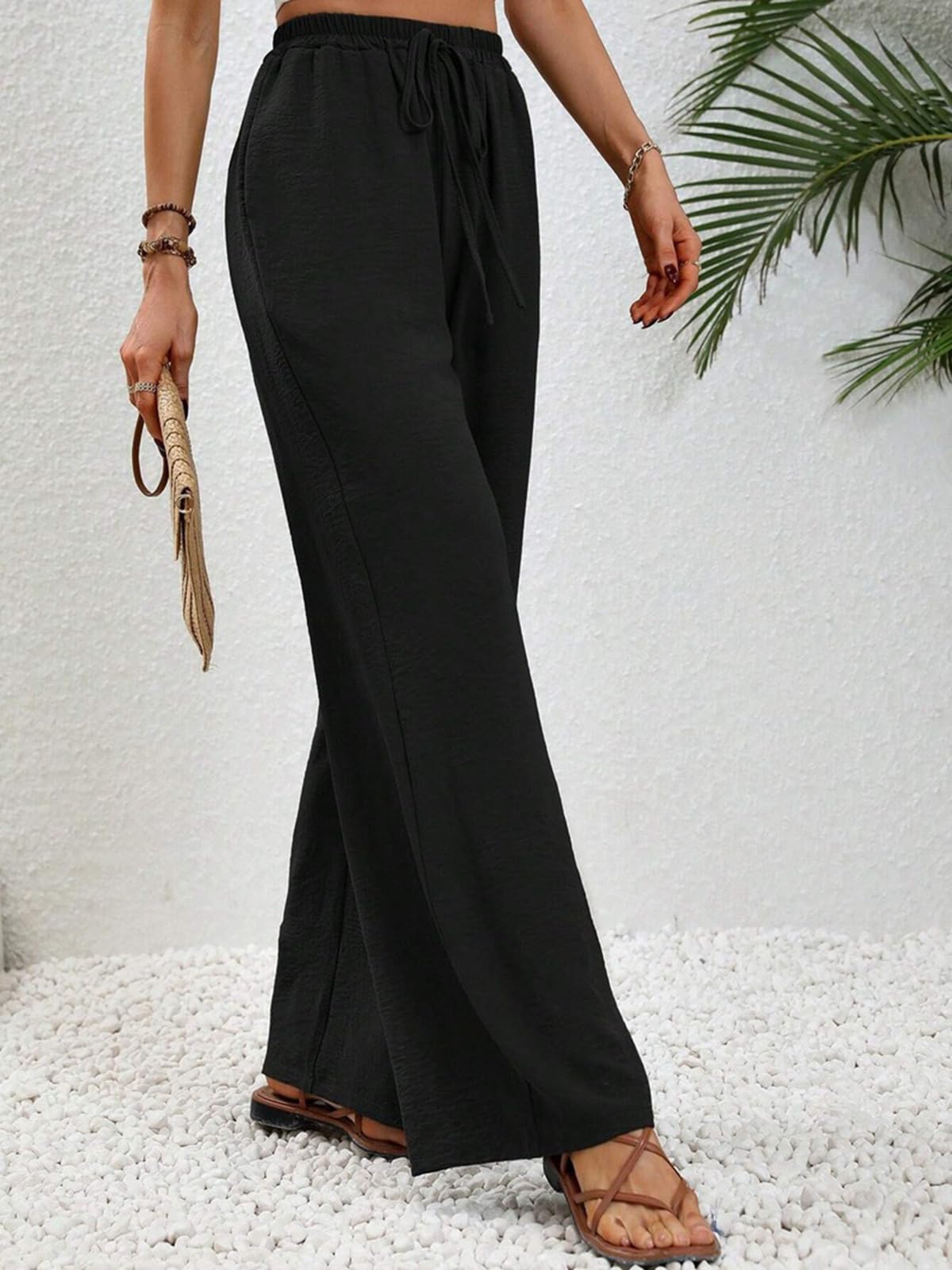 ALSOGO Pantaloni larghi da donna, eleganti, larghi, a vita alta, larghi, estivi, con tasche