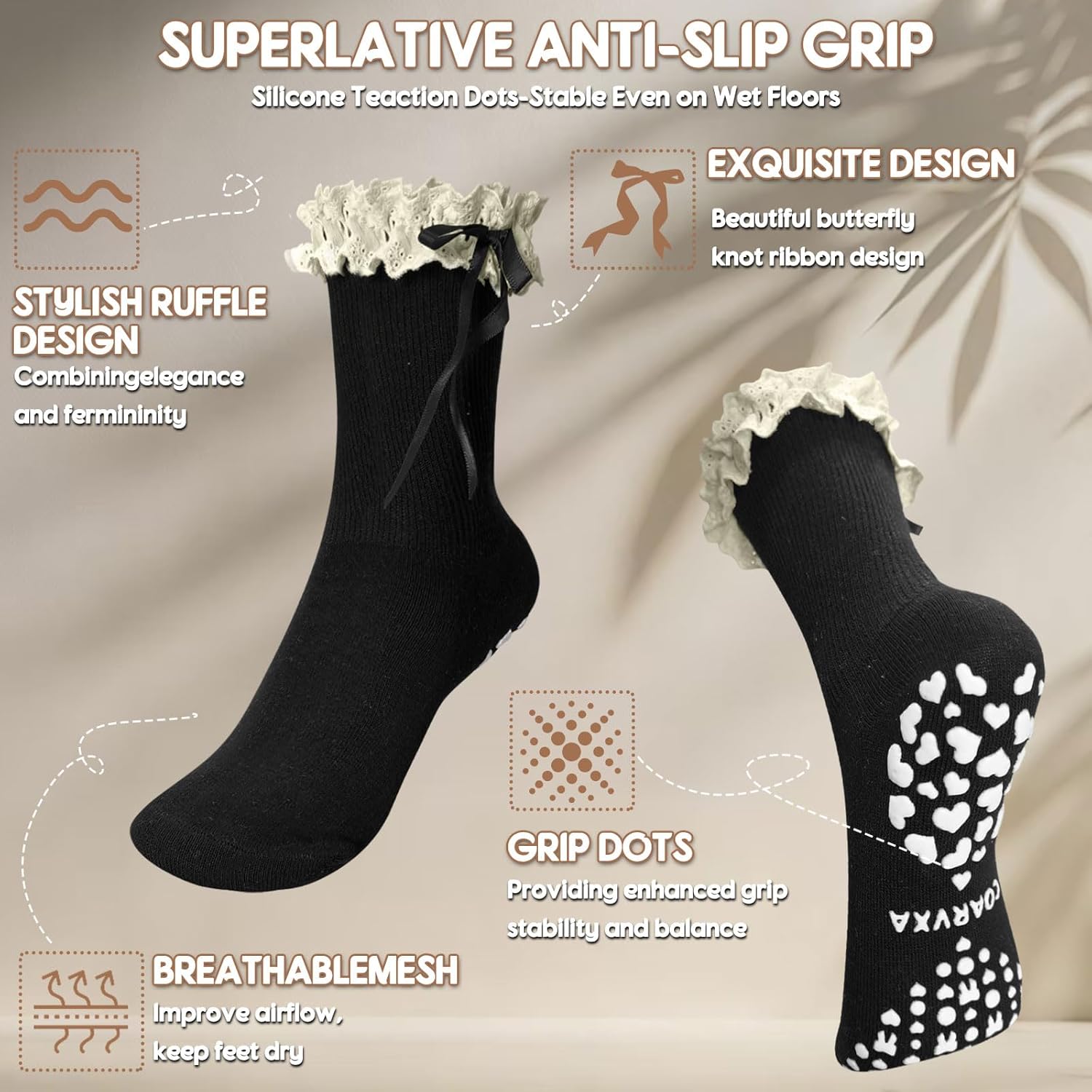 4 Pairs Cute Pilates Grip Socks for Women Ruffle Frilly Bow Non Slip Grip Socks for Yoga, Barre, Barefoot - Image 4