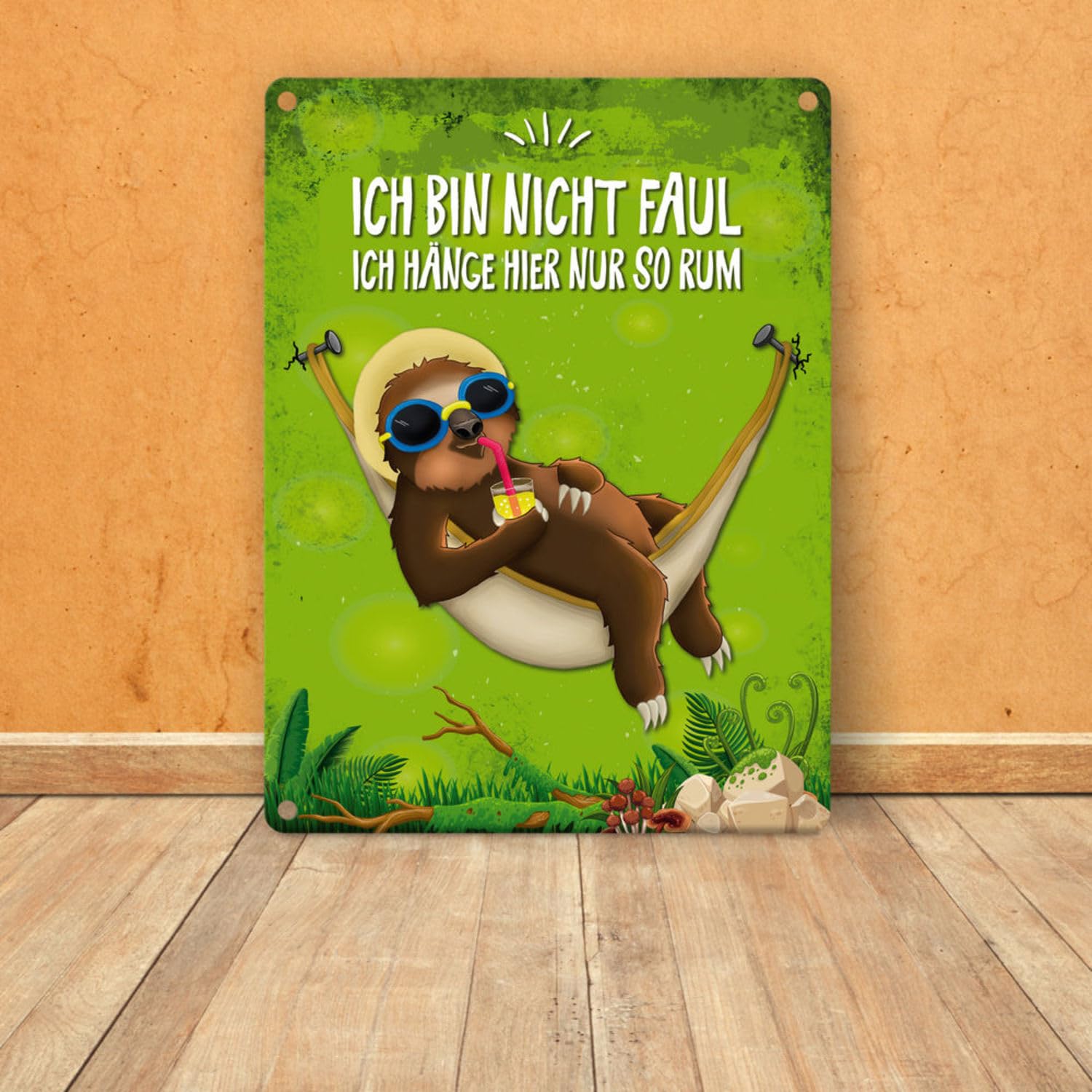 Metallschild mit Faultier in Hängematte Motiv und Spruch: Ich bin nicht faul ich hänge hier nur so rum