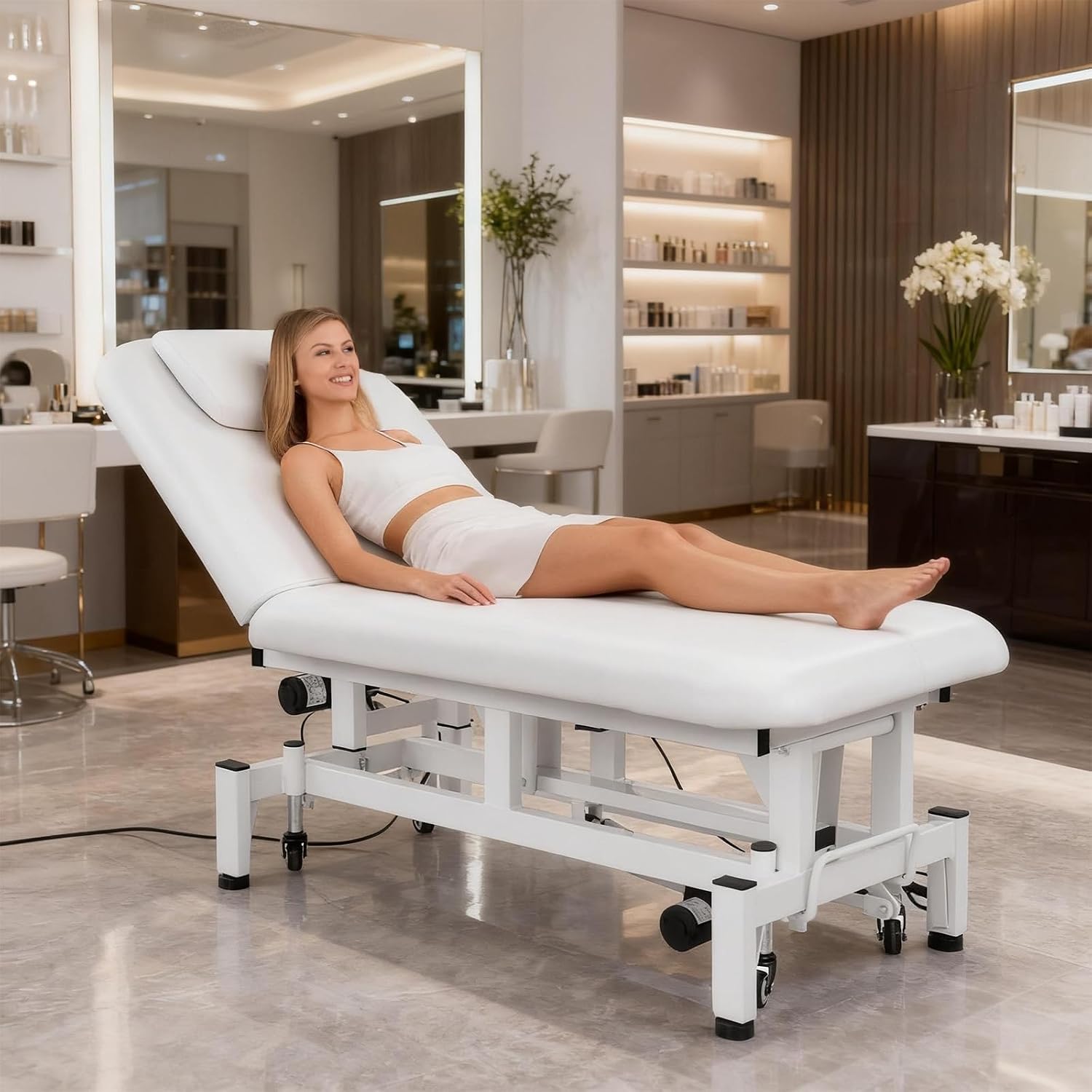 OmySalon 2 Motors Electric Lift Massage Table, Heavy Duty Treatment Bed, Adjustable Height & Backrest Facial Bed for Professional Physical Therapy, Medical Spa, Esthetician, Salon(White, Electric)