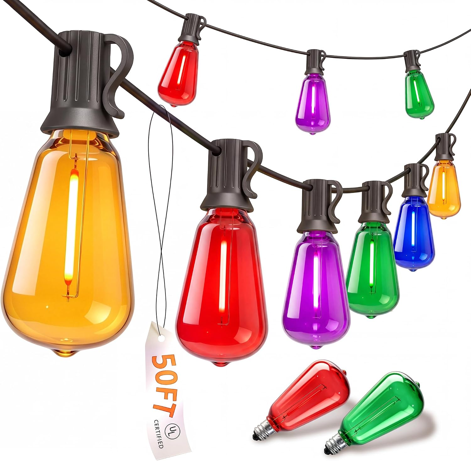 50Ft Outdoor Multicolor String Lights, LED Dimmable Christmas Multicolor Lights Outdoor Waterproof with 25 ST38 Colored LED Bulbs, 2700k Shatterproof for Backyard Gazebo Porch Garden Outside Decor