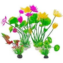 Hamiledyi 2 Pcs Artificial Lotus Flowers with Small Artificial Seaweed Plants, Fish Tank Plastic Plants Decorations, Pink and Yellow Blossoms Artificial Water Plants Perfect for Aquarium Decor