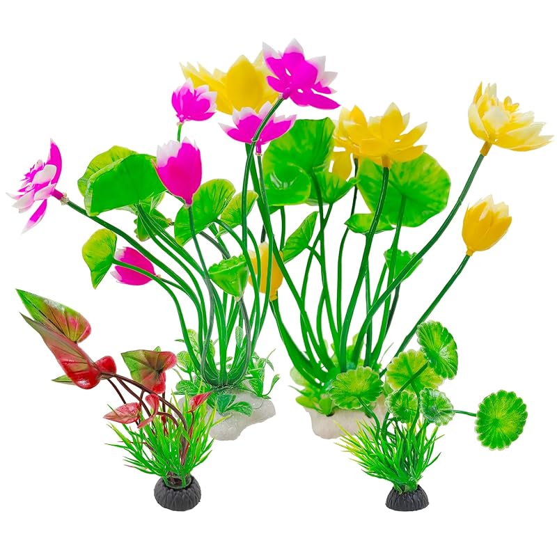 Plantas artificiais de plástico para aquário com flores de lótus, Hamiledyi, conjunto com 4 peças