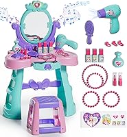 Vista 9 de Lehoo Castle Juego de Mesa de Tocador y Silla para Niñas, Mesa de Maquillaje para Niñas con Espejo, Taburete, Luces, Música, Juego de Tocador