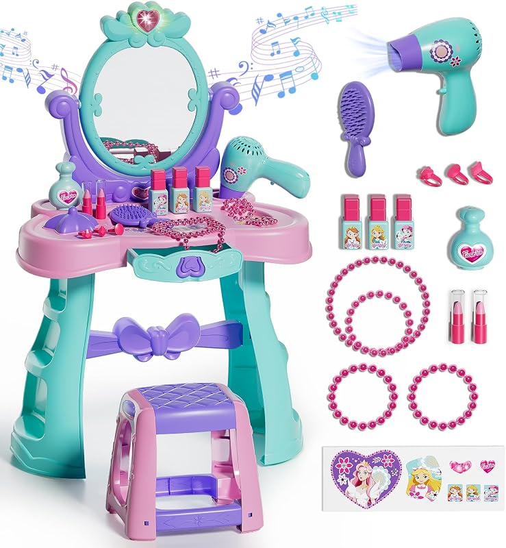 Lehoo Castle Juego de tocador y silla para niños pequeños con música ligera y espejo | Mesa de maquillaje para niñas con secador de pelo, juego de simulación de salón, juego de tocador de vestir de princesa para niños de 3 a 5 años, regalos de cumpleaños para niñas