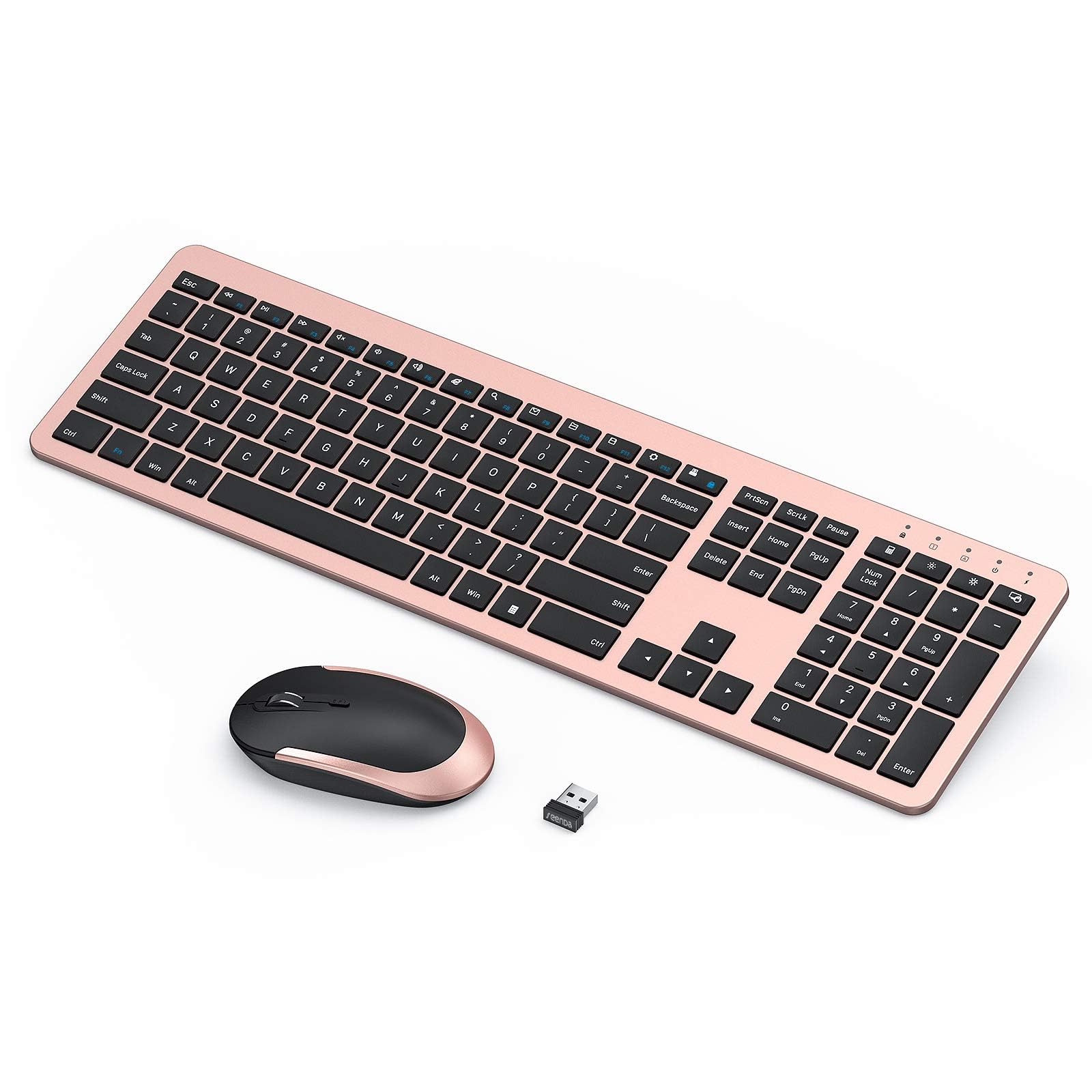 seenda Rechargeable Wireless Keyboard Mouse Combo Full Size Cordless Keyboard & Mouse Sets with Build-in Lithium Battery Ultra Thin Quiet Keyboard Mice (Rose Gold & Black)ClimatePartner certified