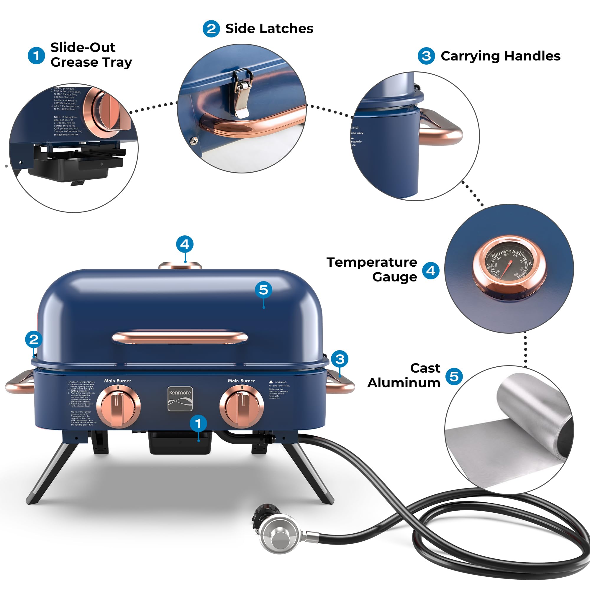 Kenmore Portable Propane Gas Grill - Barbacoa de sobremesa con rejilla para calentar - 2 quemadores de acero inoxidable con (4,1 kW) - para cocina exterior - camping - Cobre Marino