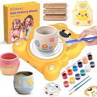 Alldeer Mini rueda de cerámica para niños de 8 a 12 años, juego completo de arte y manualidades con arcilla seca al aire, herramientas, pinturas, fabricante de cerámica para principiantes, diversión