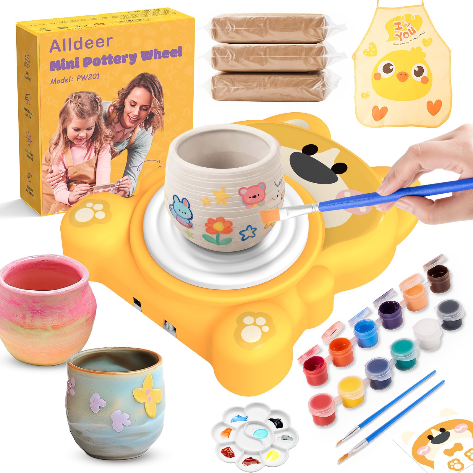 Alldeer Pottery Wheel for Kids 8-12, Complete Art & Craft Set with 3 Pack Air Dry Clays, Paints - DIY Ceramic Maker Mini for Beginners Creative Fun, Toys for 6-12 Years Old Girls Boy Birthday Gift