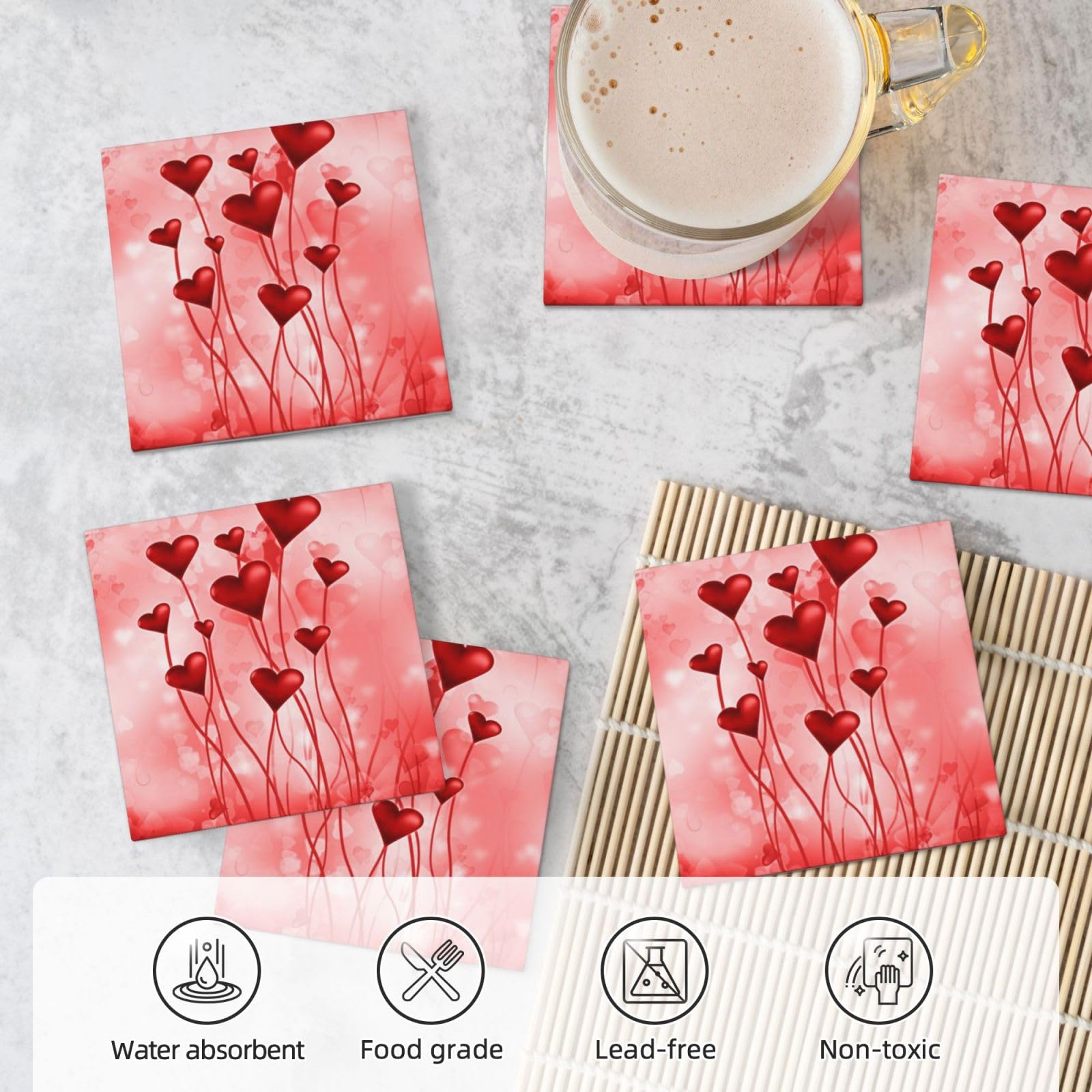 Set di 6 sottobicchieri decorativi in ceramica con stampa astratta a forma di cuore