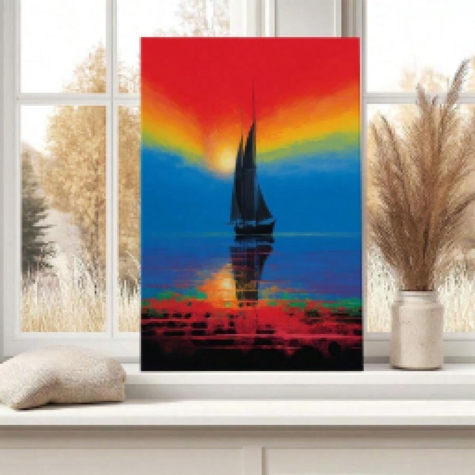 XBTYKPB Sailing Boat At Sunset, Rainbow Sky, Abstract Expressionism Style Wall Canvas Poster, Art Canvas Paintings, For Bedroom 50x70cm Frameless