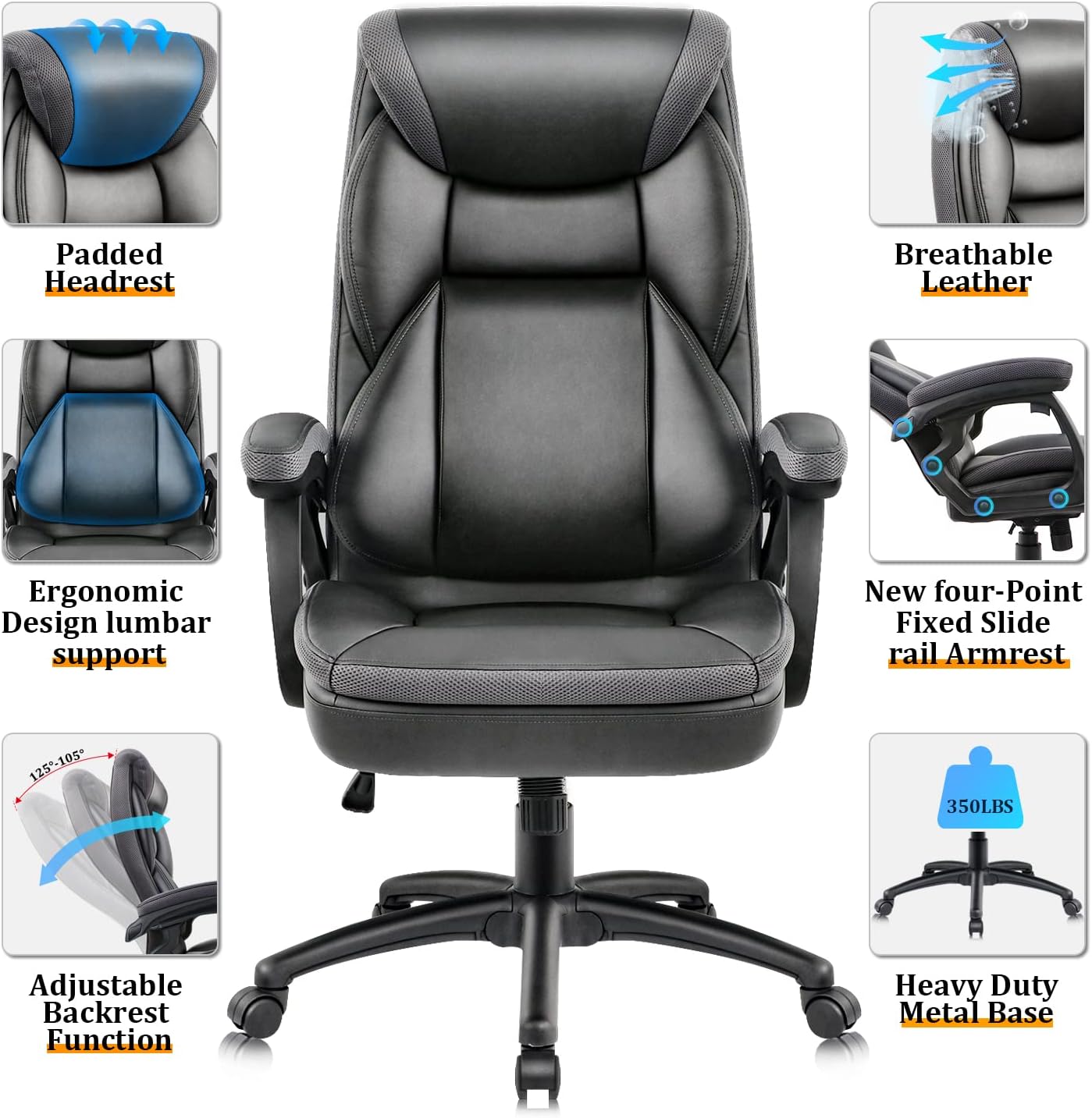 Upgraded Adjustable Executive Office Chair with Slide Rail armrest, Ergonomic Desk Chair, Swivel Desk Chairs, Adjustable Height High-Back Reclining Chair with Padded Armrest, Black : Office Products