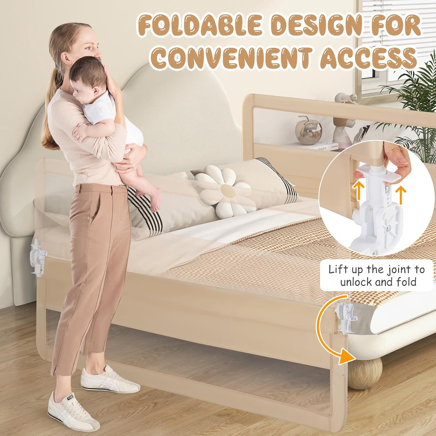 GLACER Foldable Bed Rail for Toddlers - 71" Bedrail w/Safety Straps, Child Lock & Removable Oxford Cover, Swing Down Baby Bed Rail Guard for Crib, Full, Twin, Double, Queen & King Bed (Beige, 1 Pack)