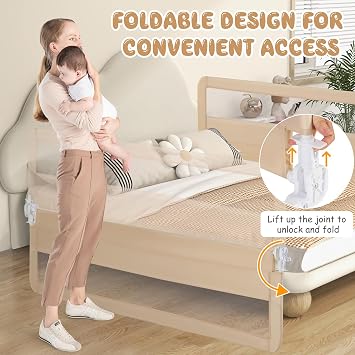 Bed Rail for Toddlers, 180CM Extra Long, Portable Safety Bed Guardrail w/Double Safety Child Lock, Foldable Baby Bed Rail Guard, Fit King & Queen Full Twin Size Bed Mattress (Beige)