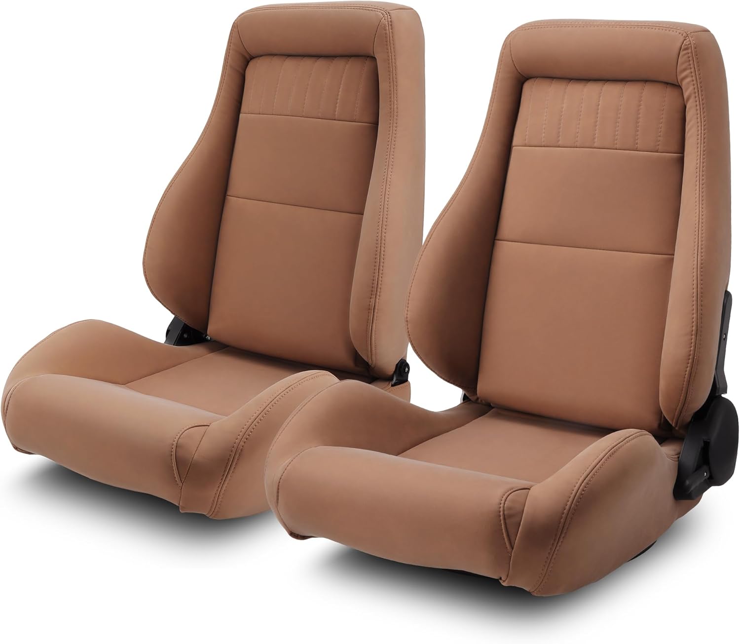 ModifyStreet OBS Styles Universal 1 Pair Classic Plain Brown Tan PVC Leather Racing Seats, Reclinable Seats with Sliders, 2PCS Set for Driver and Passenger Side
