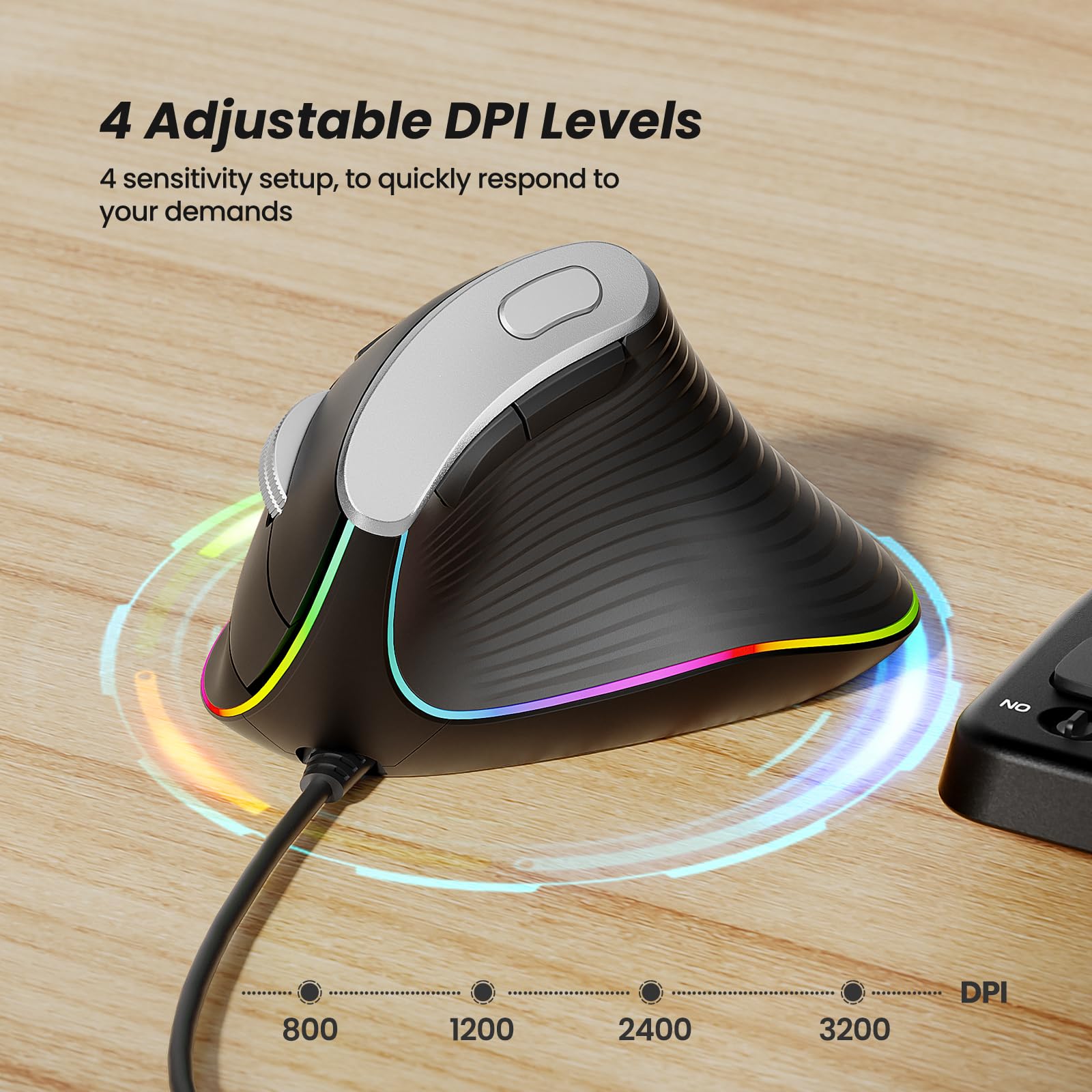Nulea Mouse verticale cablato M504, mouse ottico ergonomico USB cablato con 4 DPI regolabili, 11 modalità di retroilluminazione RGB, compatibile per laptop, PC, desktop, Mac, nero