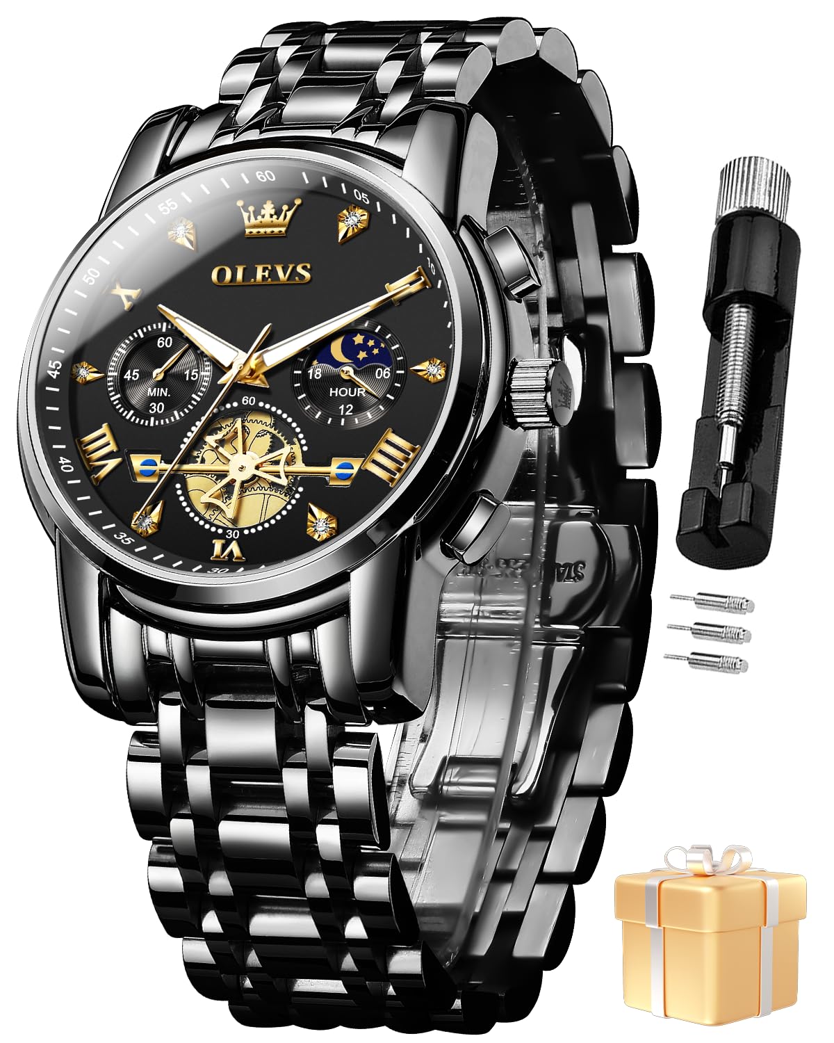 OLEVSWatch for Man Analog Quartz Skeleton Chronograph Diamond Watches Stainless Steel Moon Phase Calendar Waterproof Dress Watches