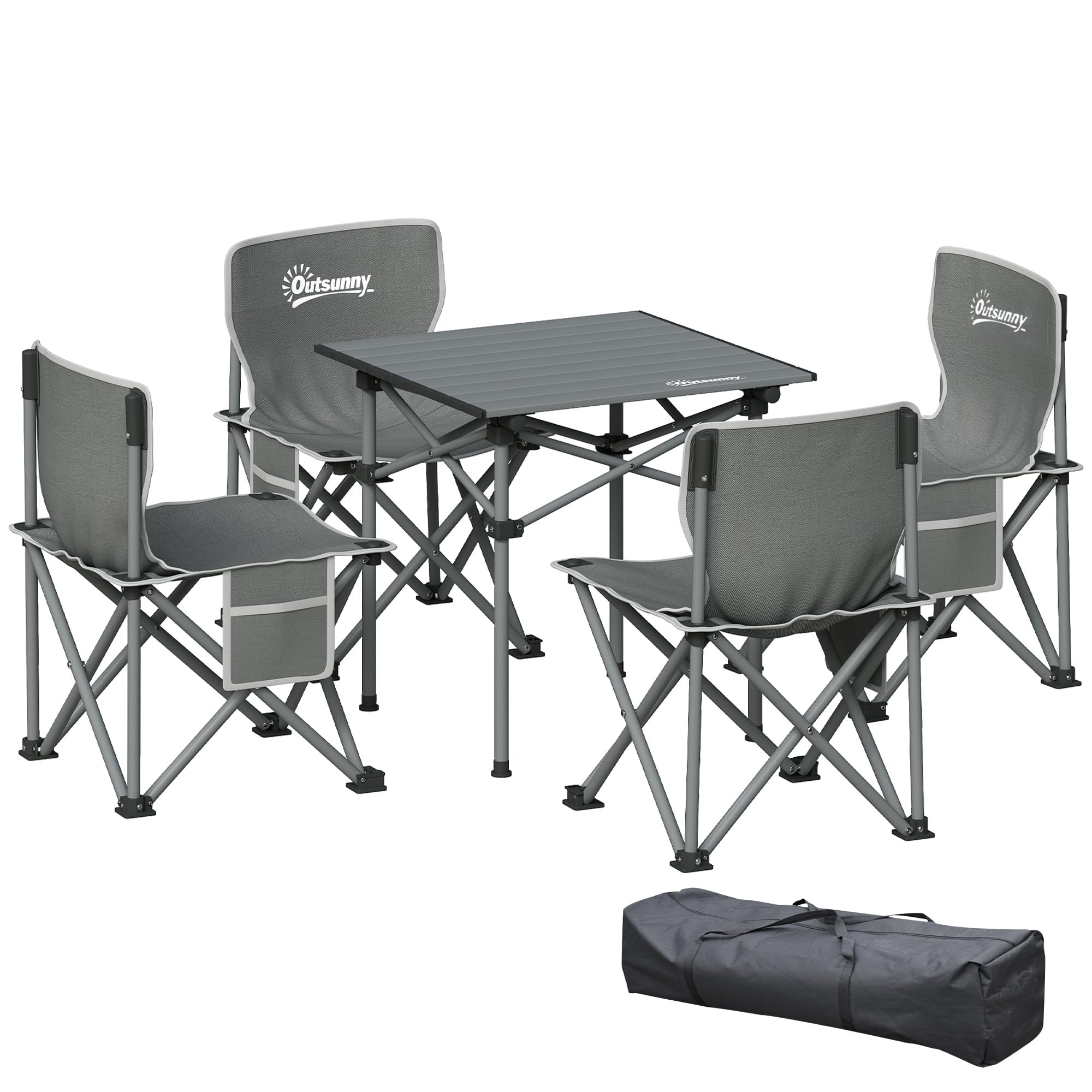 Outsunny Tavolo da campeggio con 4 sedie pieghevoli, set di tavolo e sedie da campeggio da 5 pezzi con tasche laterali e borse per il trasporto, 55 x 51 x 50 cm, grigio scuro