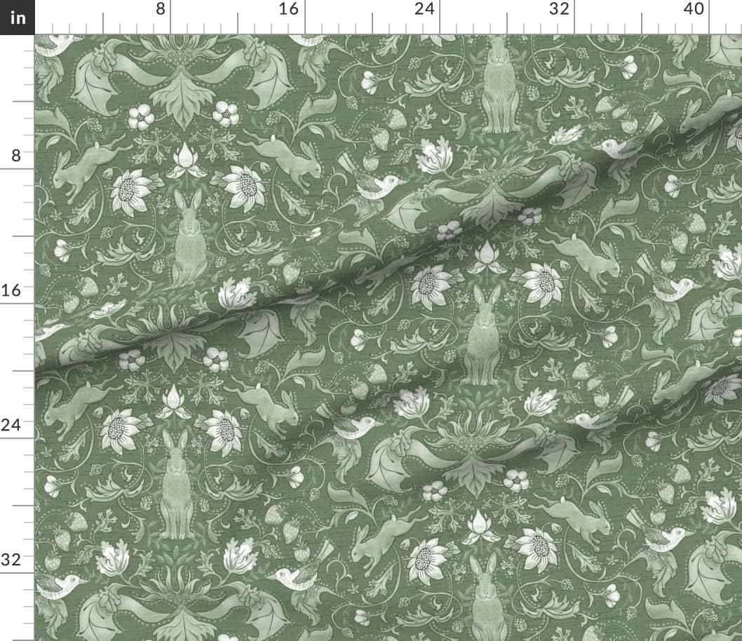 Spoonflower Fabric - Sage Woodland Damask Rabbits Flowers Birds Victorian Cottage English Printed on Petal Signature Cotton Fabric by The Yard - Sewing Quilting Apparel Crafts Decor