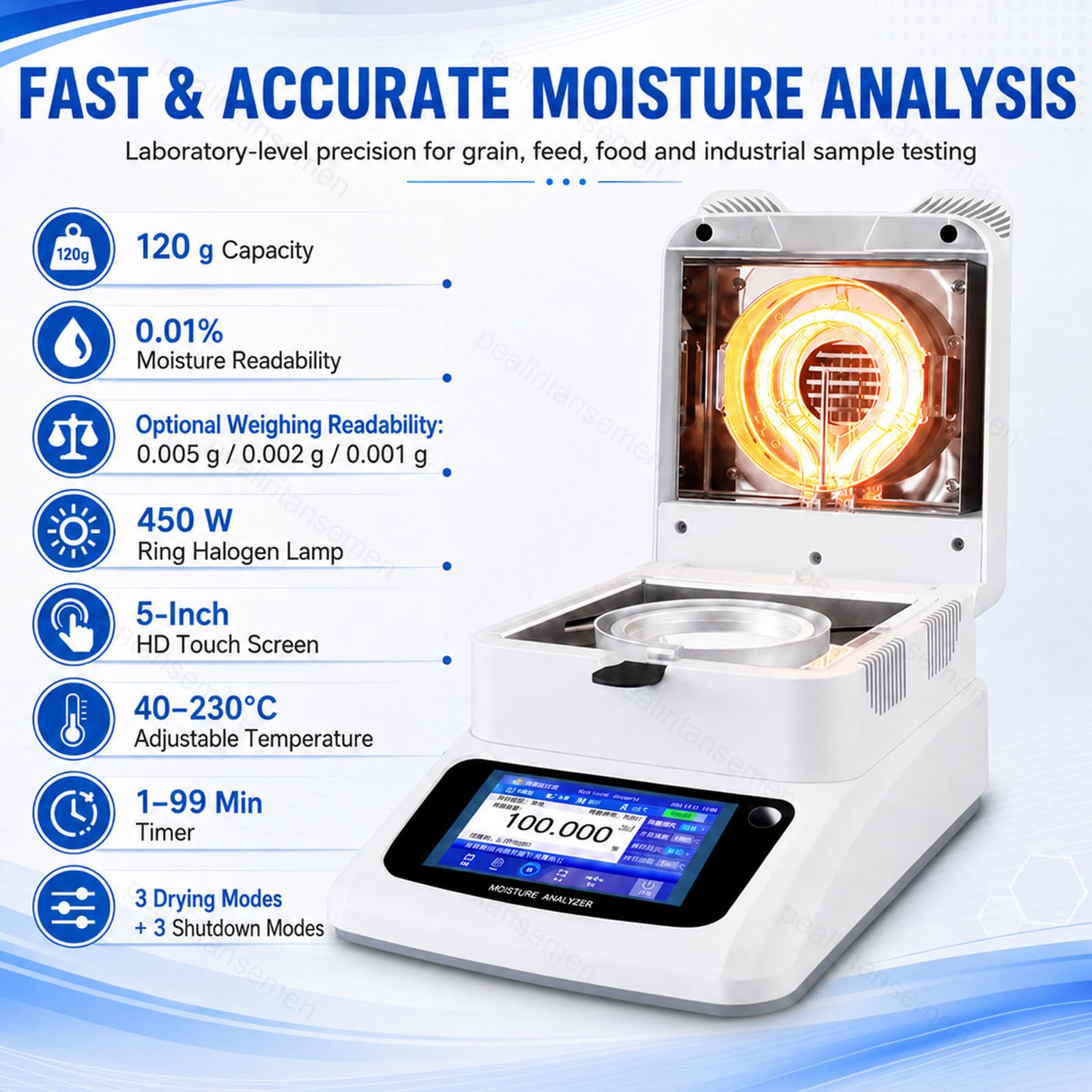 Analizador De Humedad Halógeno Profesional, Balanza Digital De Humedad 120 g Con Pantalla Táctil, Calentamiento 40–230°C, Temporizador 1–99 Min, Para Cereales, Maíz, Piensos, Té C-1201