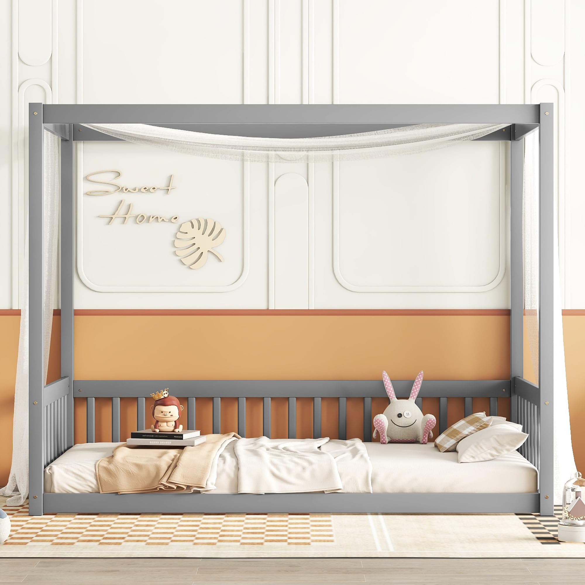 Wekuku Twin Size Canopy Frame Floor Bed with Fence Guardrails, Grey – Low Profile Modern Kids Bed for Bedroom, Safe Stylish Design