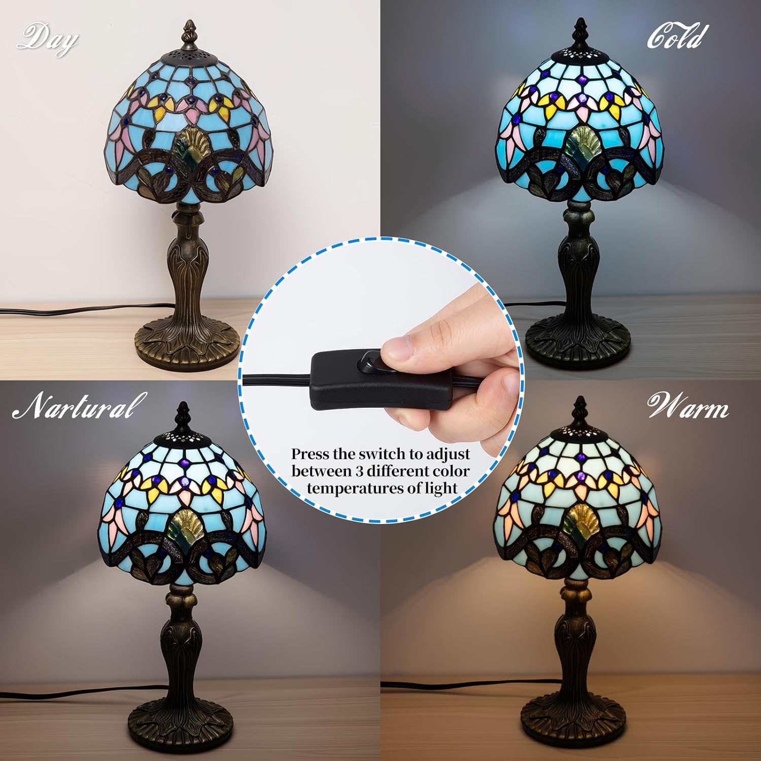 Small Tiffany Table Lamp, 3 Color-Temperature Baroque Stained Glass Lamp,8 Inch Tiffany Style Lamp for Bedroom Living Room Home, Handcrafted Light, Included Bulb (Blue)