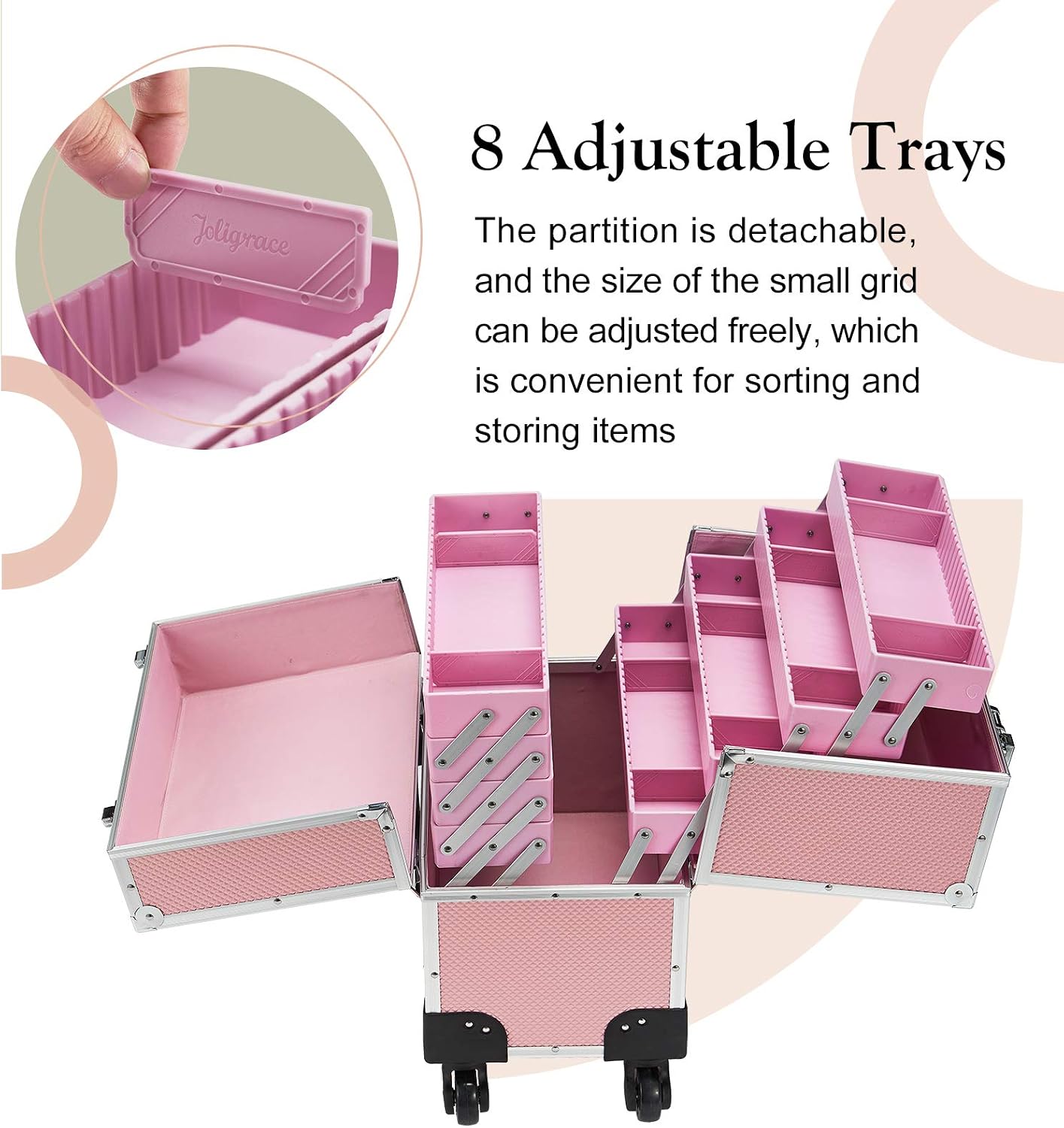 Joligrace Rolling Makeup Case with Wheels Professional Cosmetology Large Train Case Wheeled Cosmetic Trunk with 8 Divided Trays for Makeup Artist, Hair Stylish or Home Use - Pink
