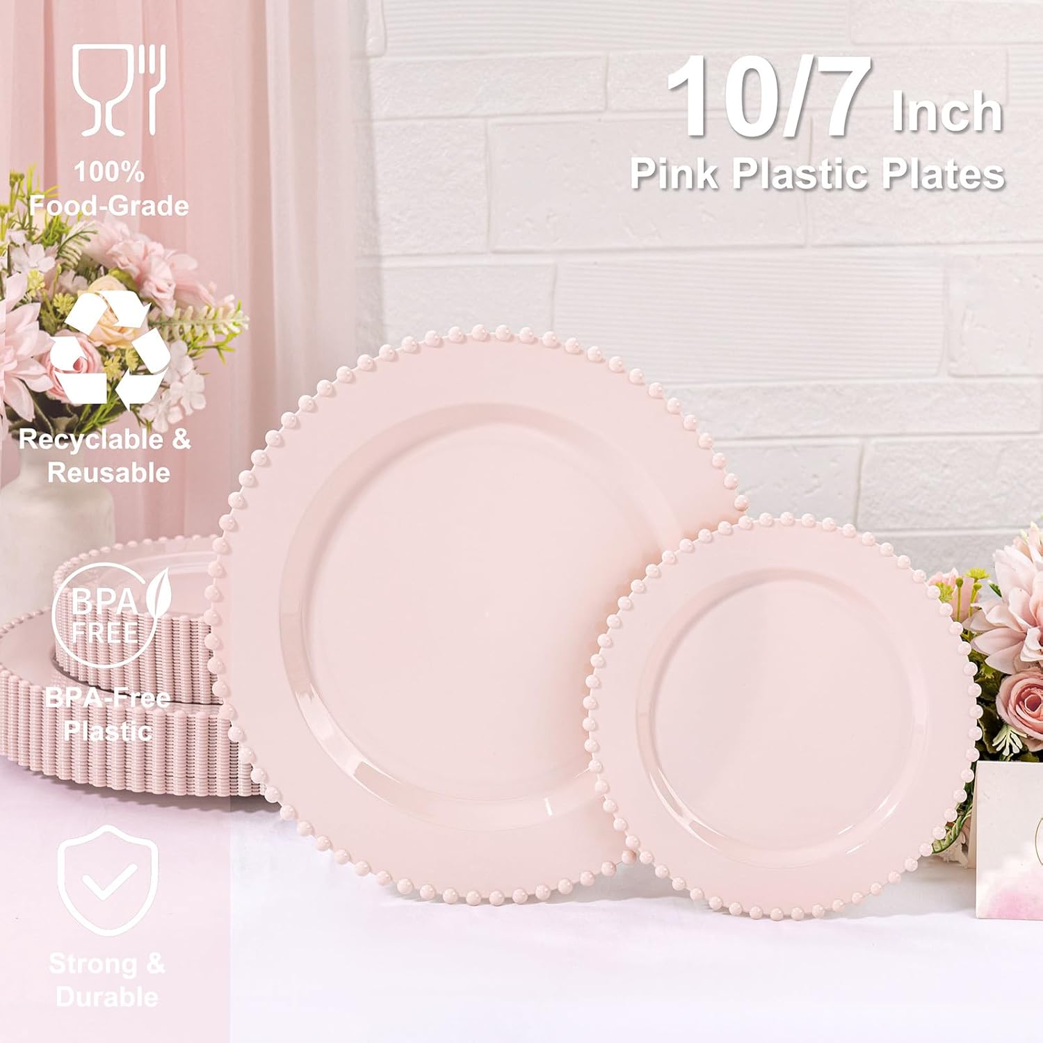 U-QE 60PCS Pink Plastic Plates - Heavy Duty Beaded Pink Valentines Plates for Valentine's Day, Party, Wedding - Serving 30 Guests Include 30PCS 10inch Dinner Plate & 30PCS 7inch Dessert Plate - Image 2