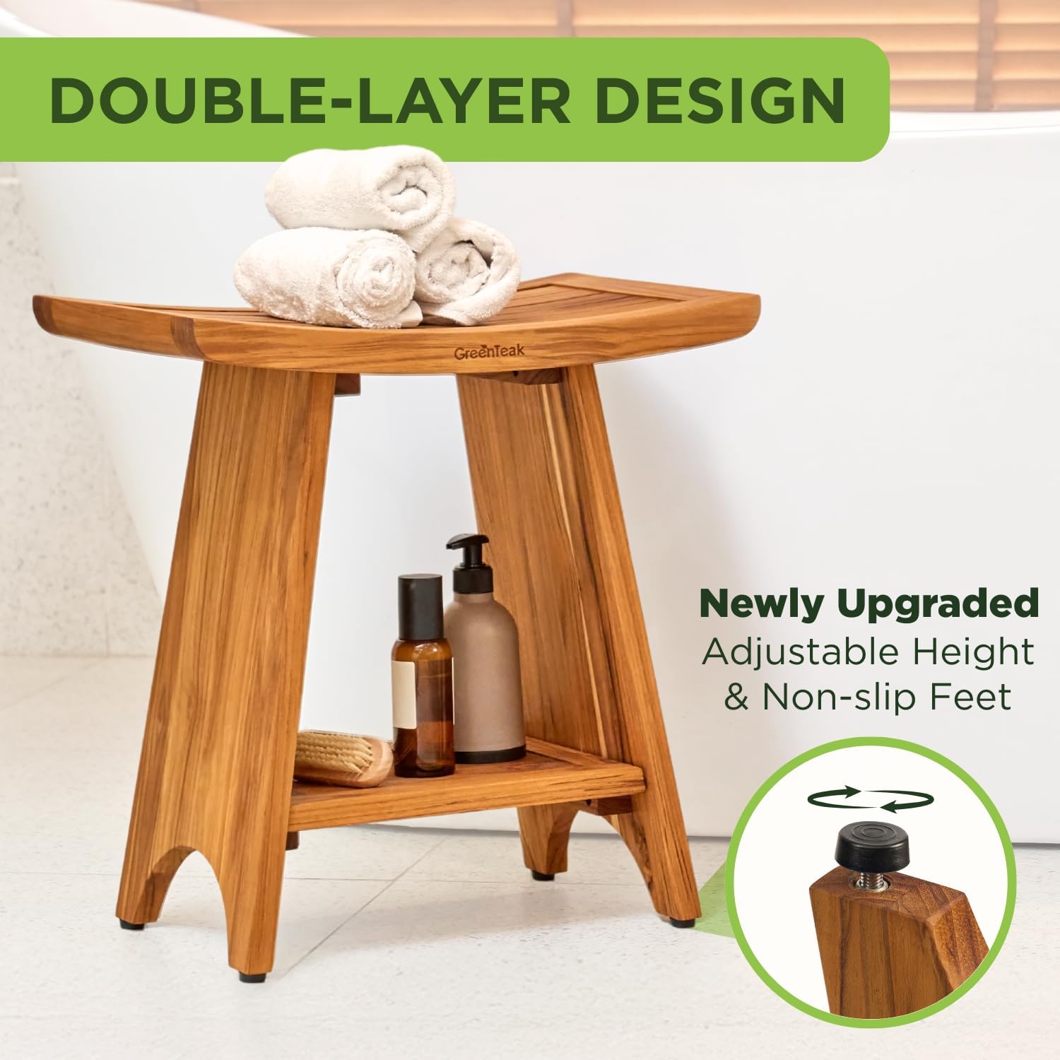Premium 18" Teak Wood Shower Bench with Shelf, 2-Tier Waterproof Teak Shower Stool, Non-Slip Feet for Enhanced Safety, Spa Bath Seat for Bathroom, Indoor & Outdoor, 300 lb Capacity (Curved)